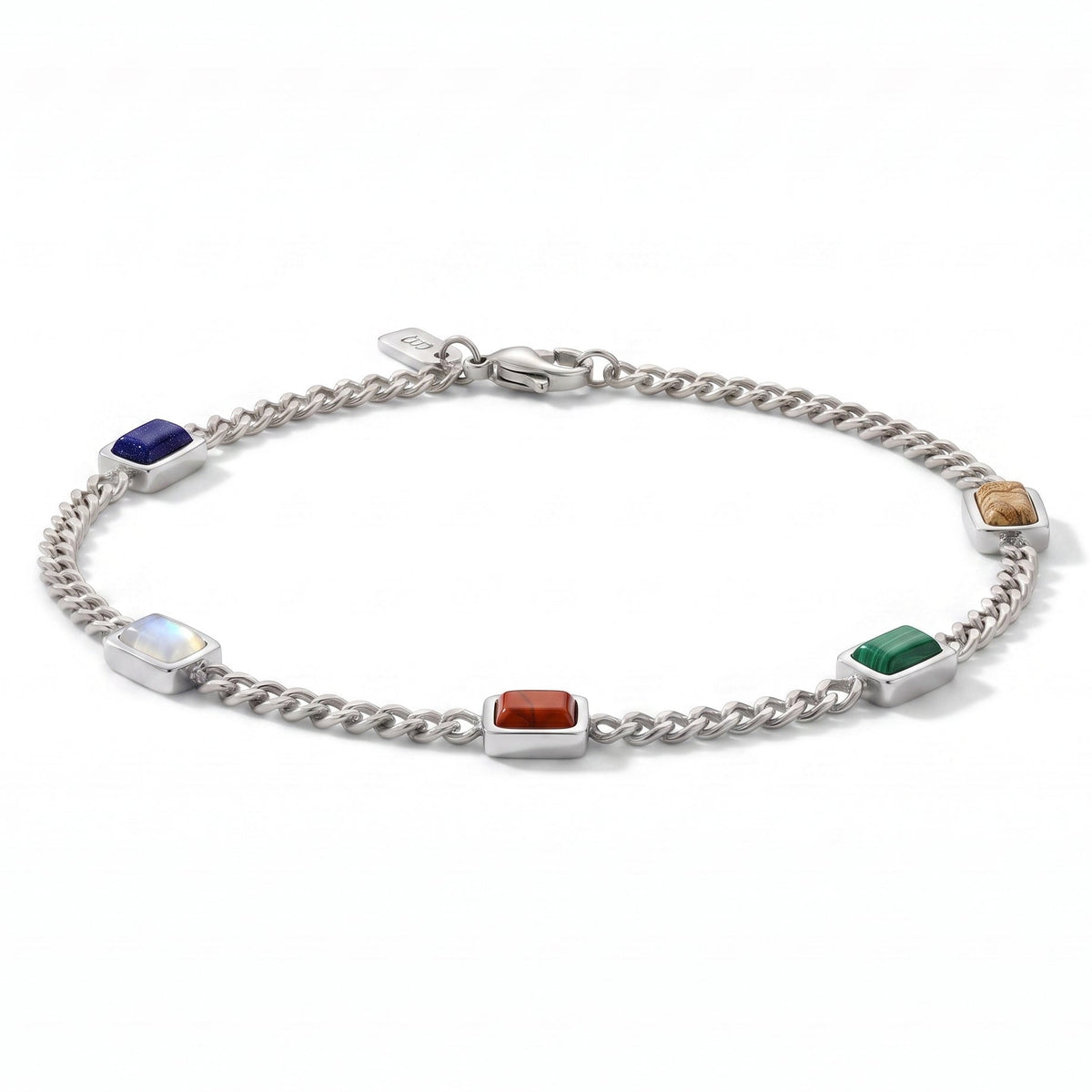 A silver chain bracelet featuring five rectangular gemstone charms in different colors (blue, white, red, green, brown) set in polished silver tiles, displayed on a clean white background.