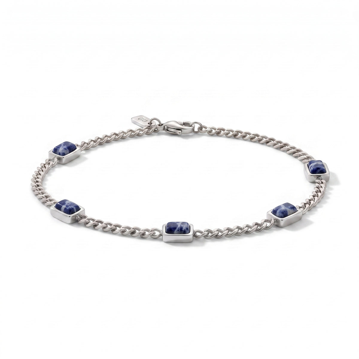 A silver chain bracelet featuring five rectangular blue sodalite stones set in polished silver bezels, displayed on a clean white background.