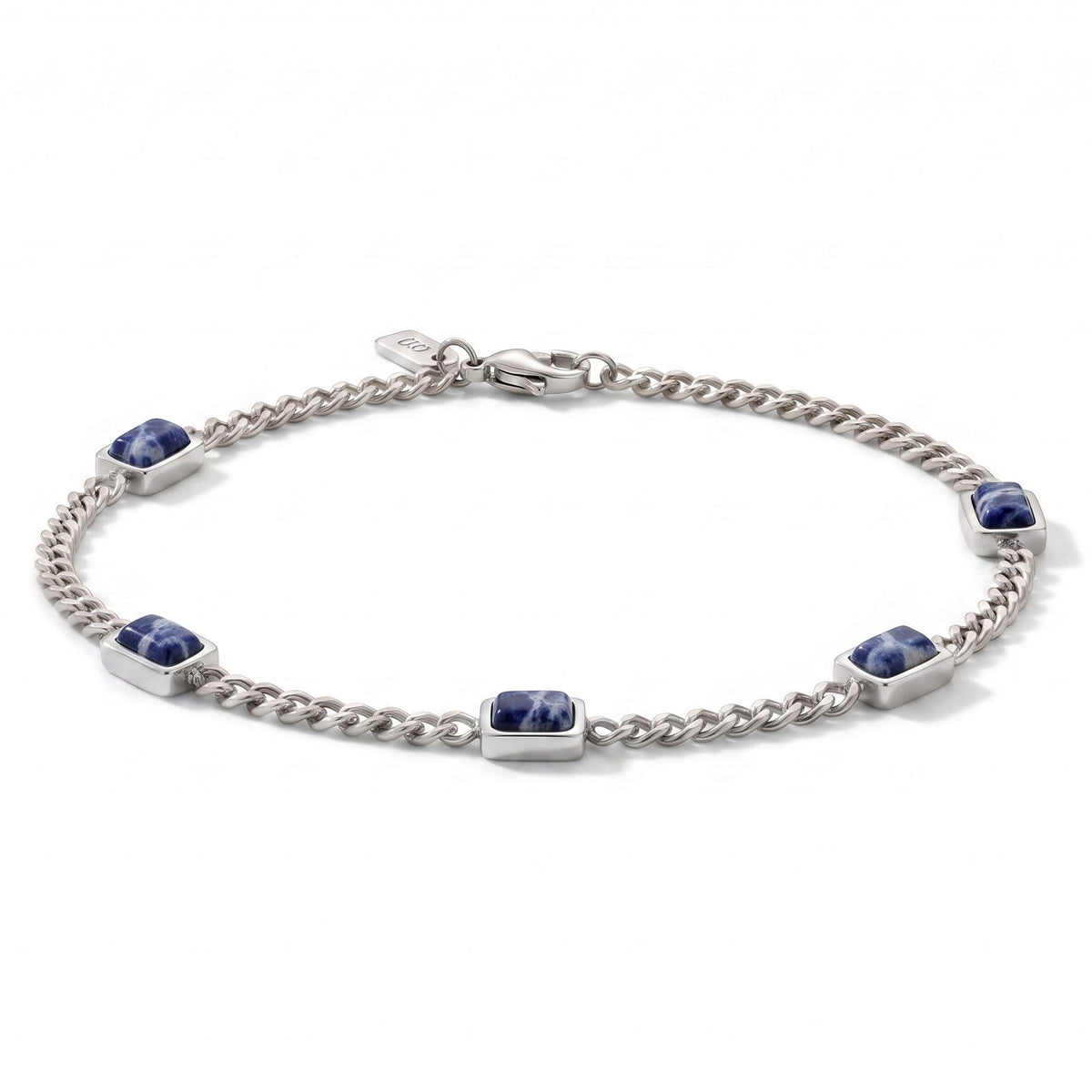 A silver chain bracelet featuring five rectangular blue sodalite stones set in polished silver bezels, displayed on a clean white background.