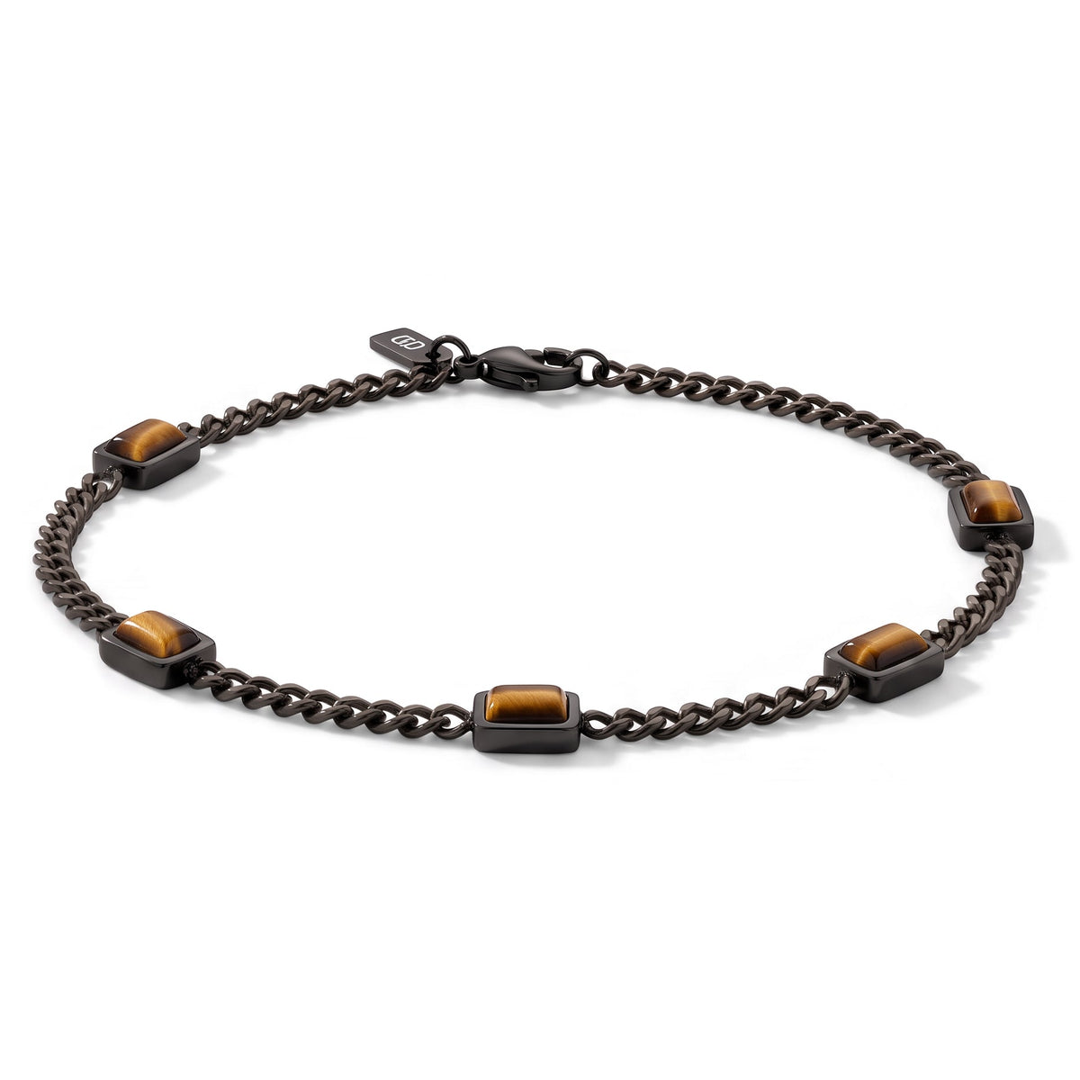 Dark metal chain men's bracelet with rectangular brown stone accents and a lobster clasp on a white background