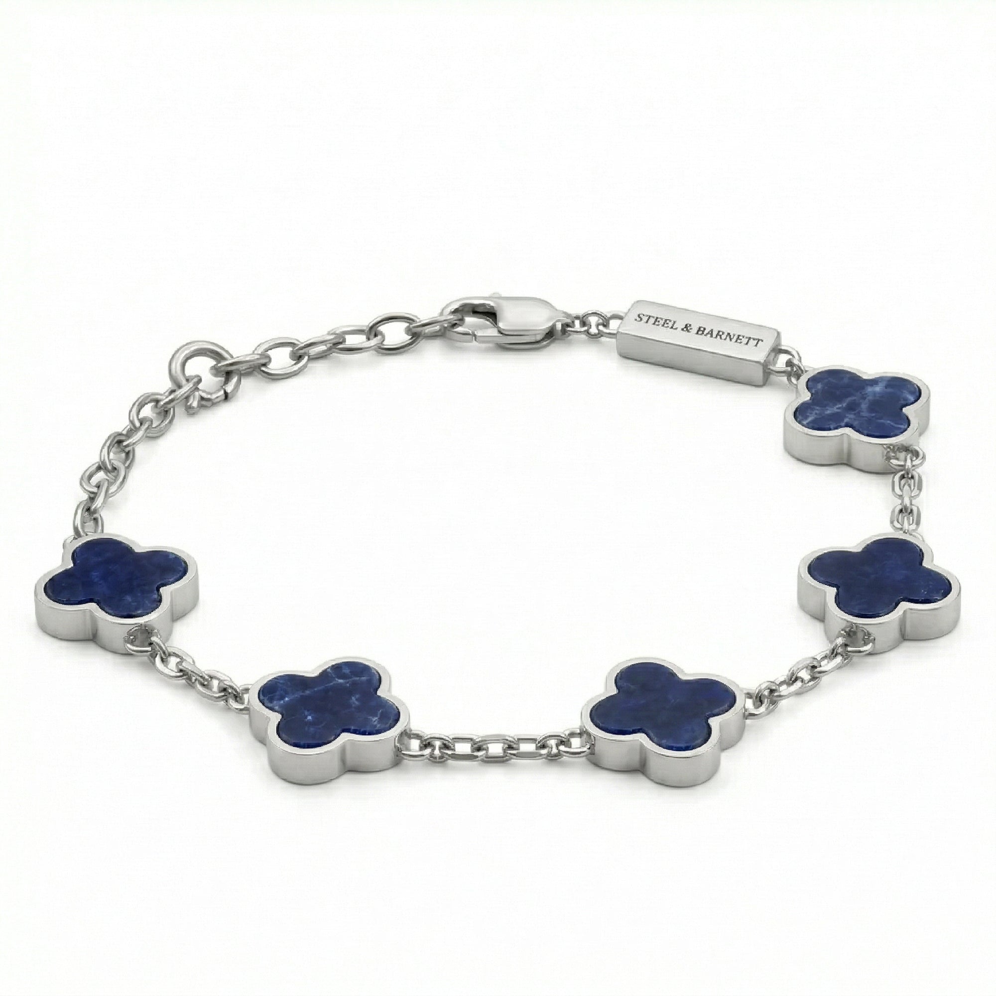 Silver toned men’s bracelet with blue sodalite clover shaped stone inlays in stainless steel chain and lobster clasp on a white background