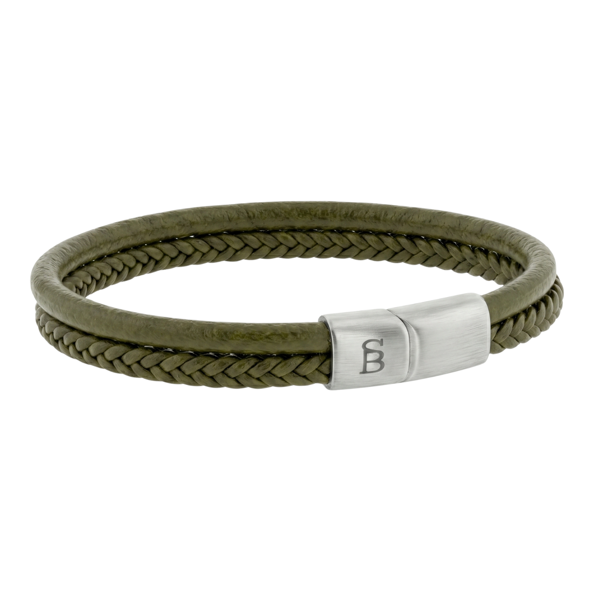 An army green braided leather bracelet with a brushed silver metal clasp, shown on a plain white background.