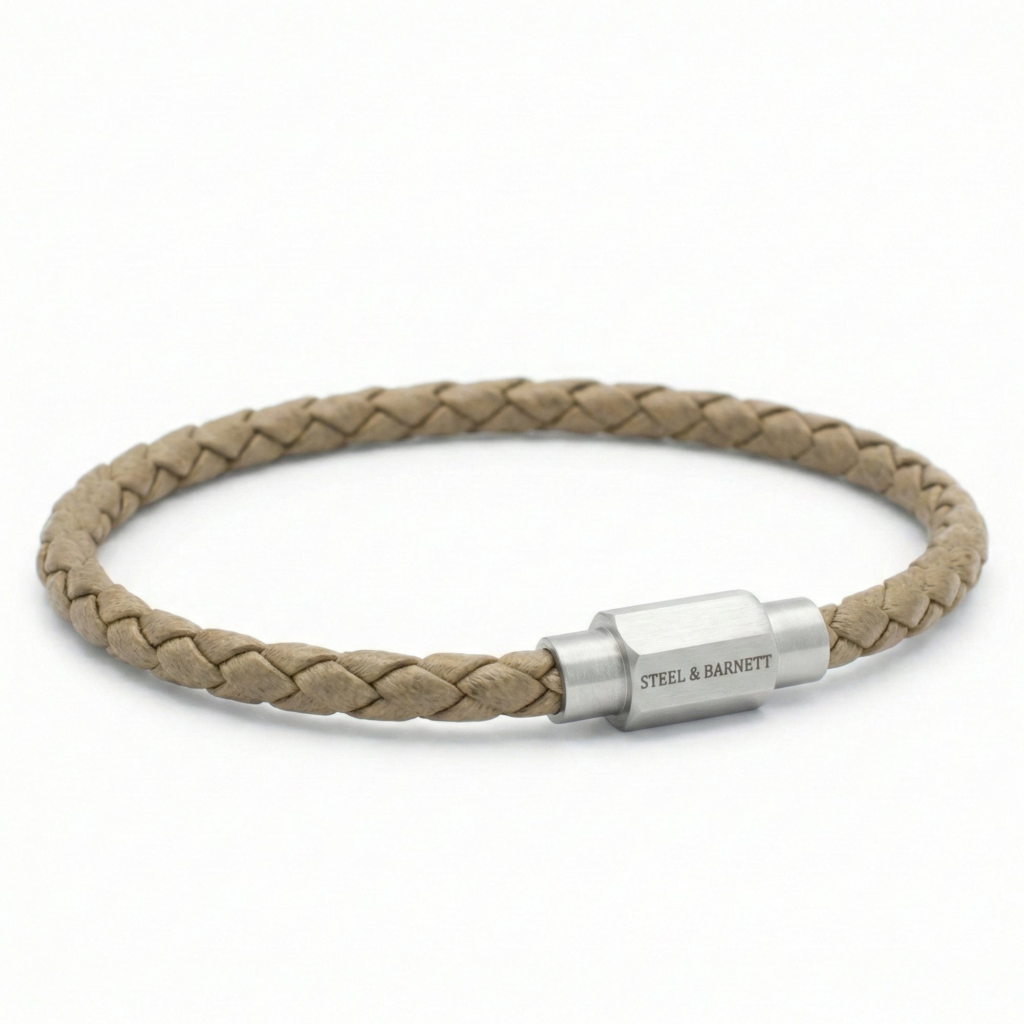 Beige braided leather men’s bracelet with brushed stainless steel clasp on a white background