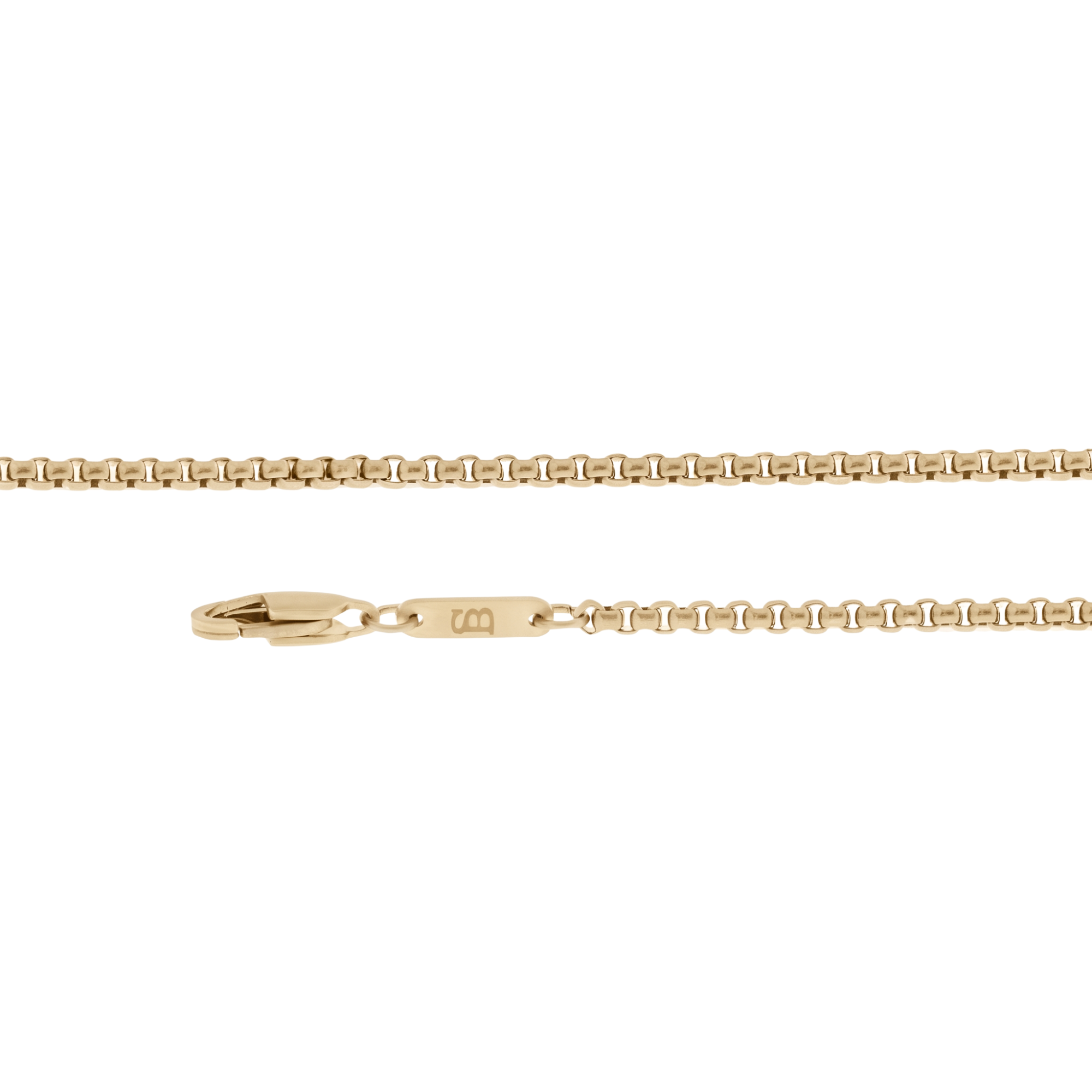 A close-up of a gold chain necklace showing the clasp, tag, and links against a plain white background.