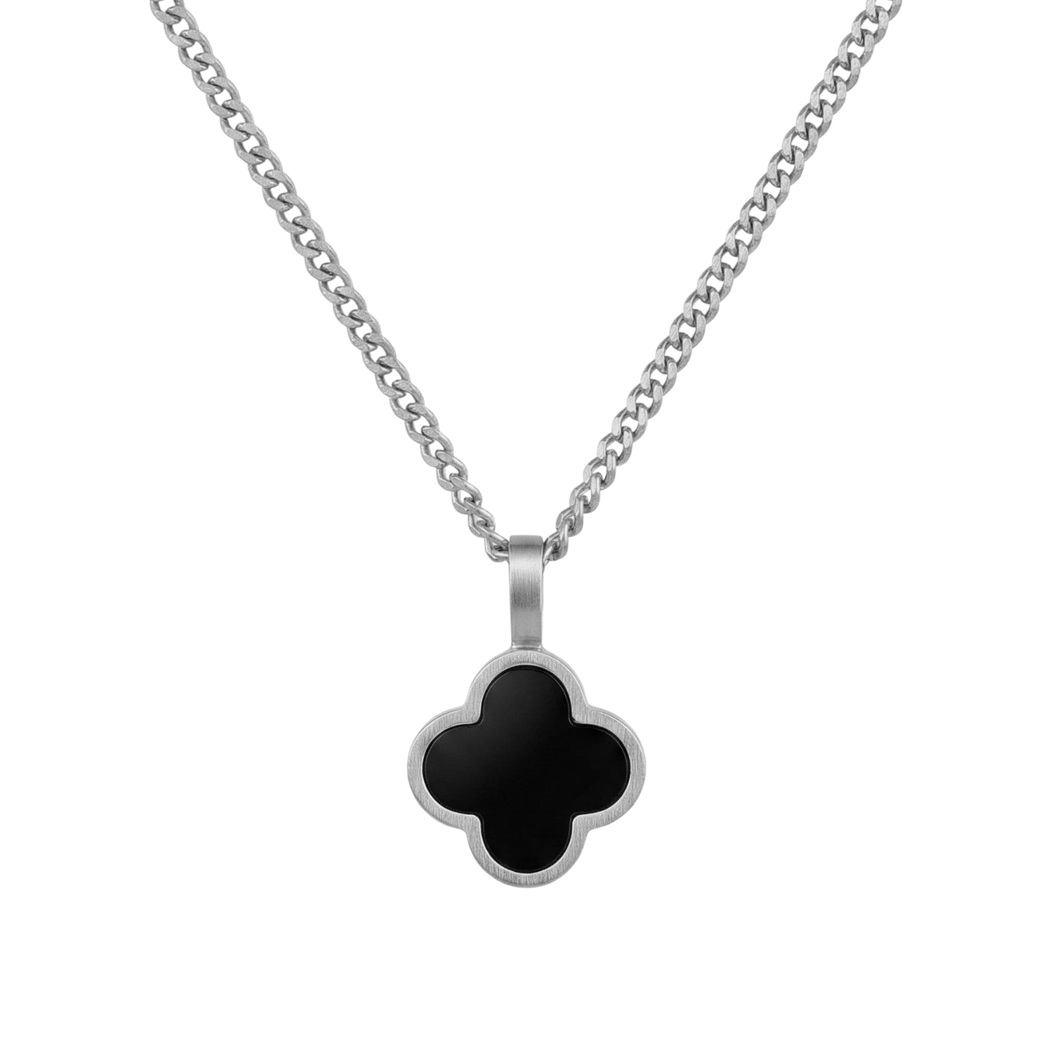 Men's stainless steel necklace with black clover pendant and brushed silver finish on a white background