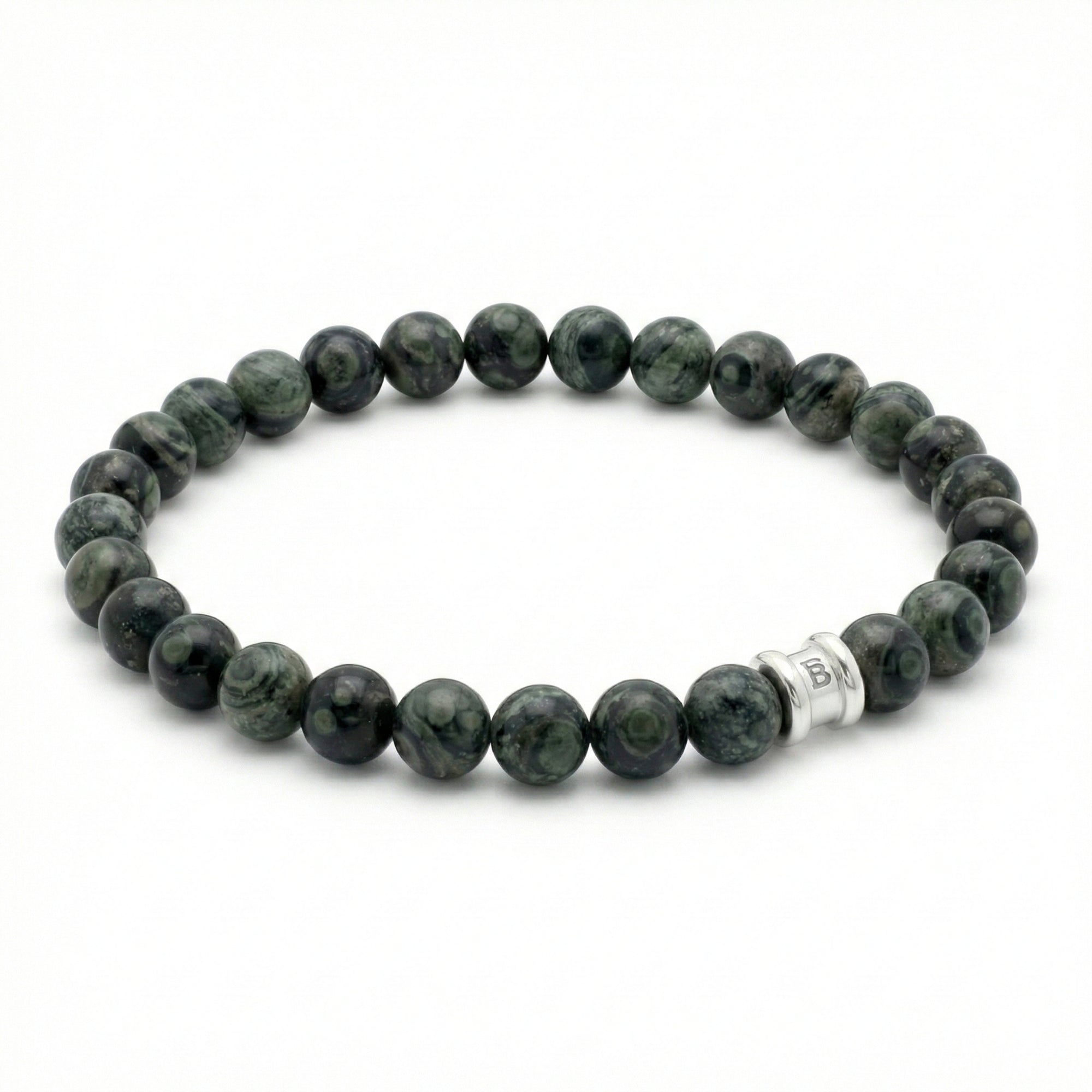Green kambaba gemstone men’s bracelet with polished round beads and stainless steel accent bead on a white background