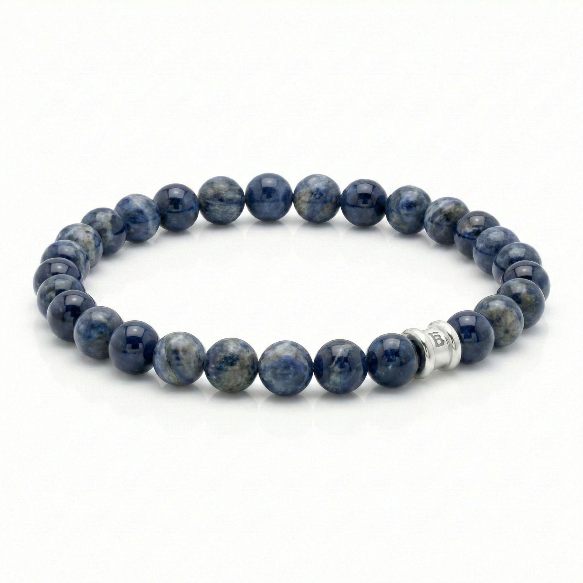 Blue natural stone men’s bracelet with polished round beads and stainless steel accent bead on a white background
