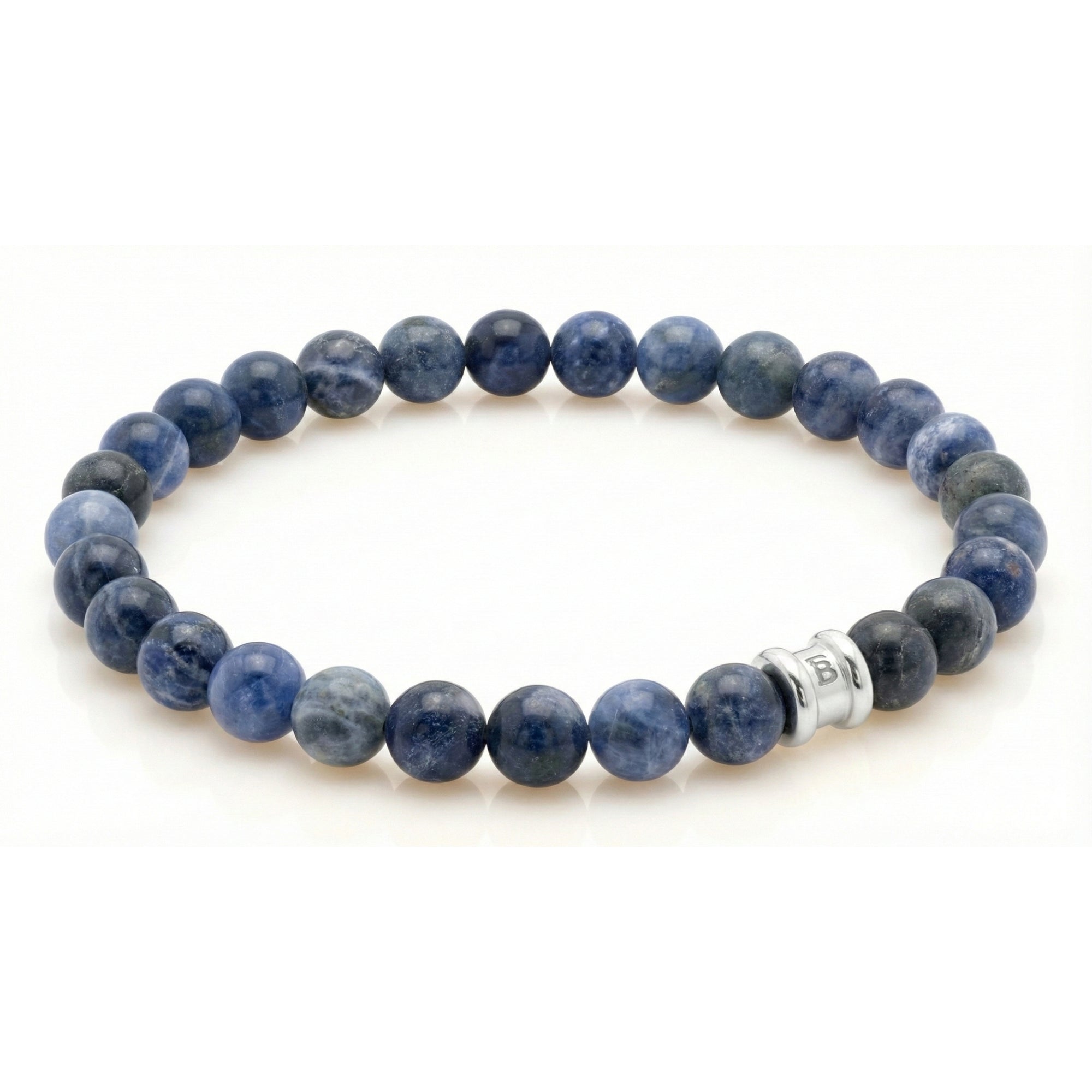 Matte sodalite men’s bracelet with round natural stone beads and stainless steel accent bead on a white background