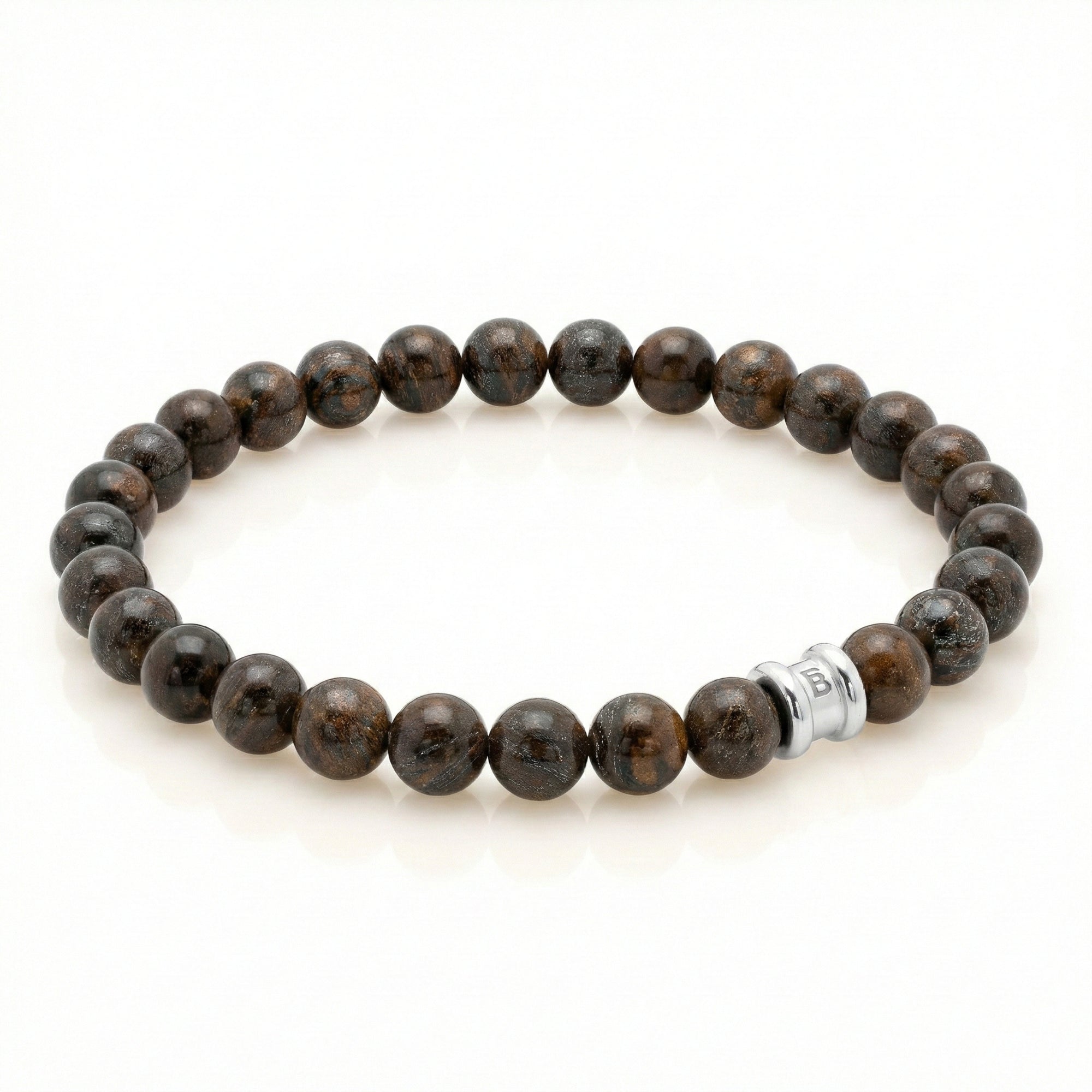 Brown tiger eye men’s bracelet with polished round natural stone beads and stainless steel accent bead on a white background