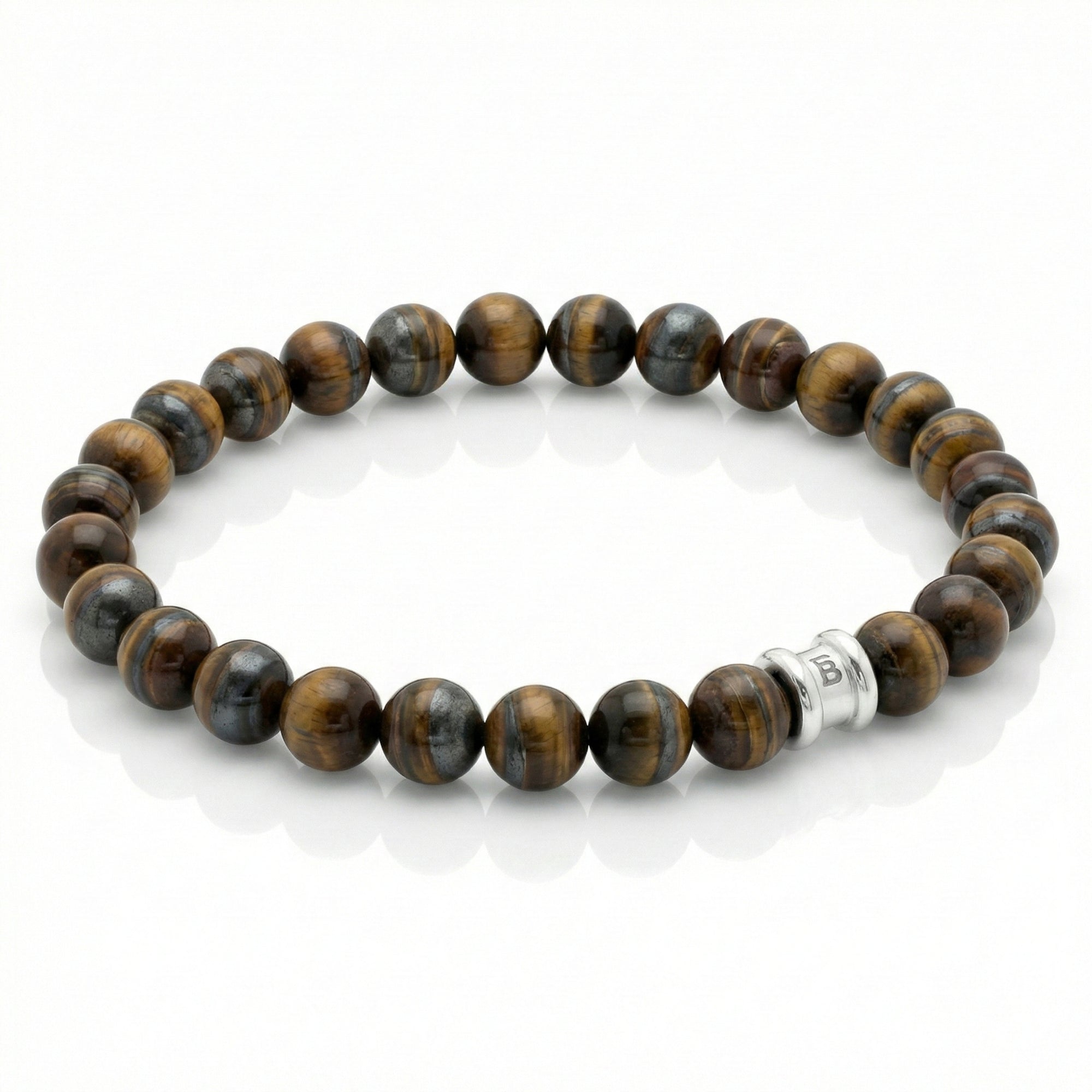 Brown tiger eye men’s bracelet with polished round natural stone beads and stainless steel accent bead on a white background