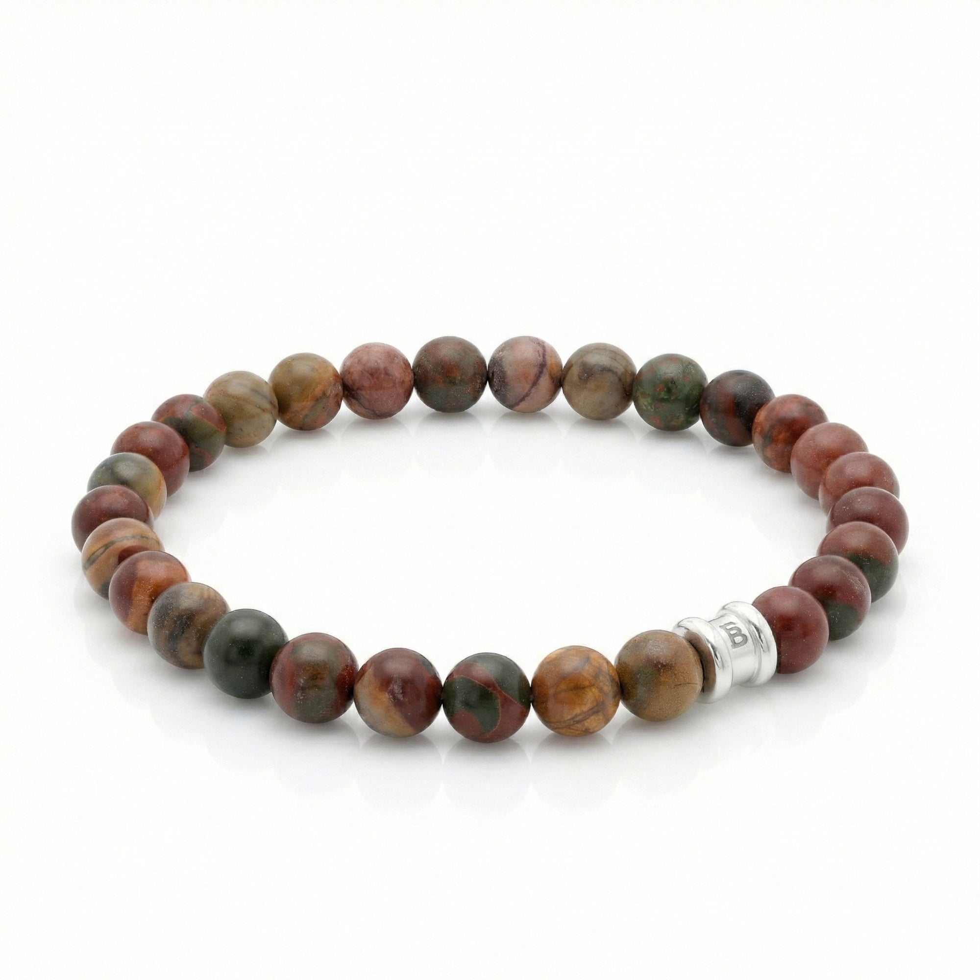 Cherry creek jasper men’s bracelet with round gemstone beads and stainless steel accent bead on a white background