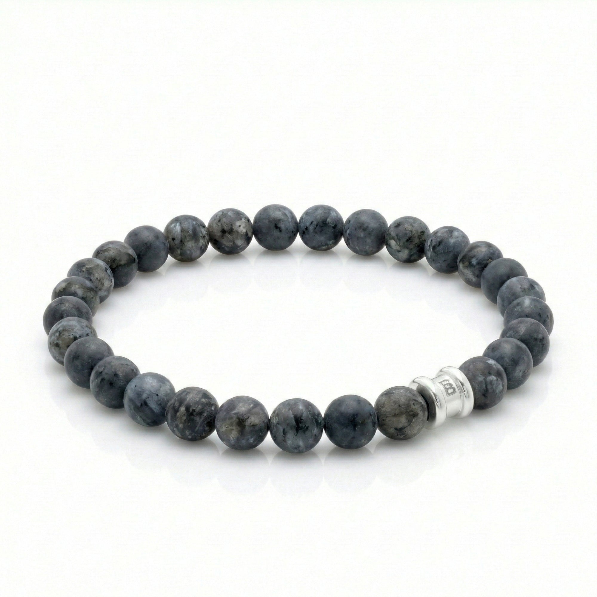 Grey labradorite men’s bracelet with matte round gemstone beads and stainless steel accent bead on a white background