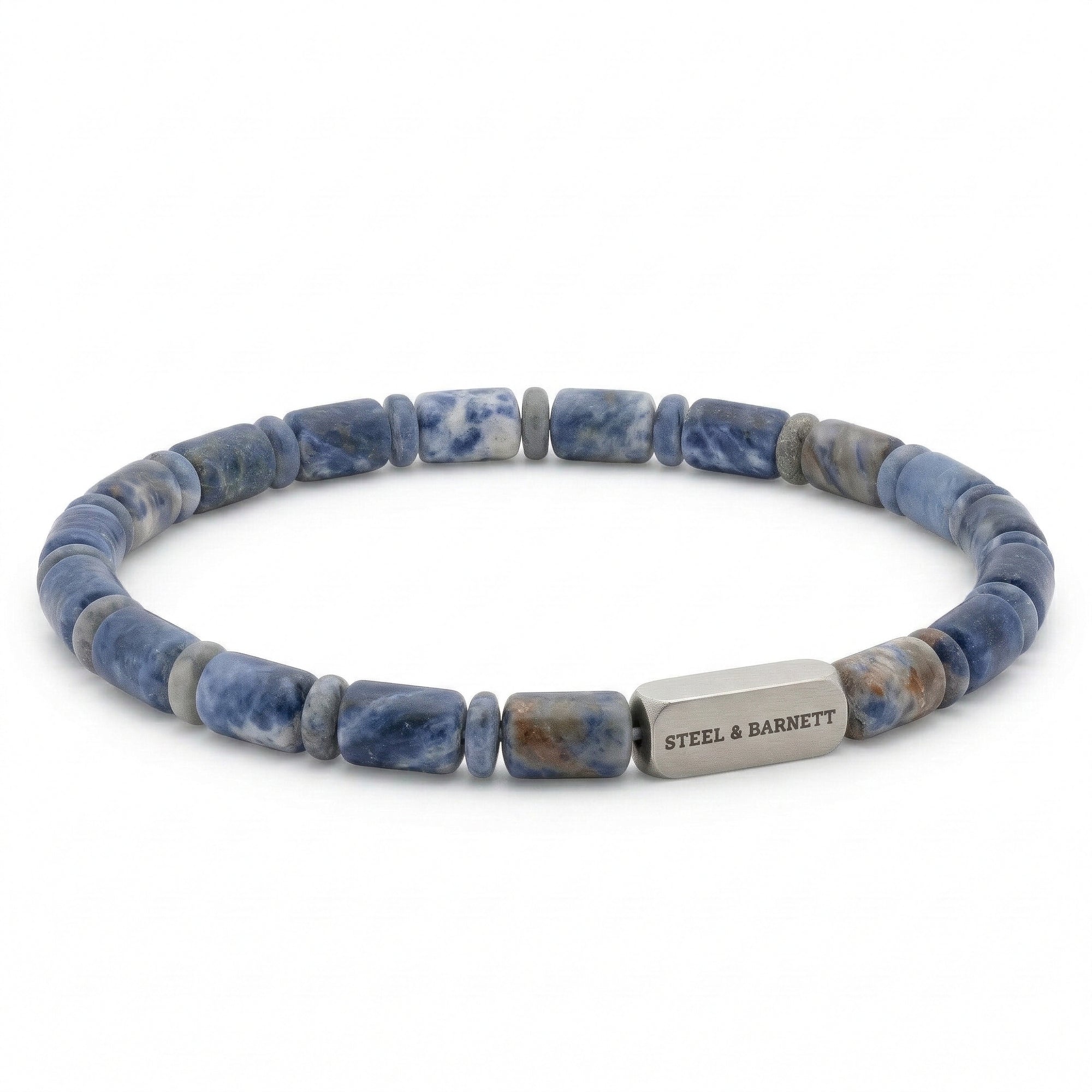 Blue natural stone men's beaded bracelet with cylindrical stone beads and brushed stainless steel accent plate on a white background