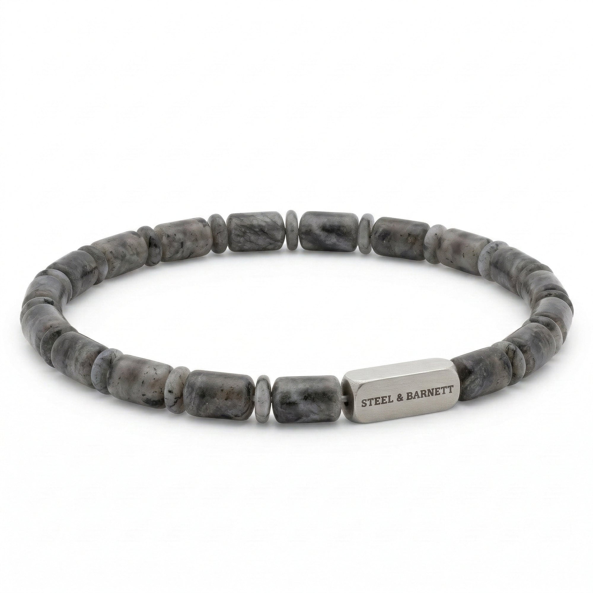 Grey natural stone men's beaded bracelet with cylindrical matte stone beads and brushed stainless steel accent plate on a white background