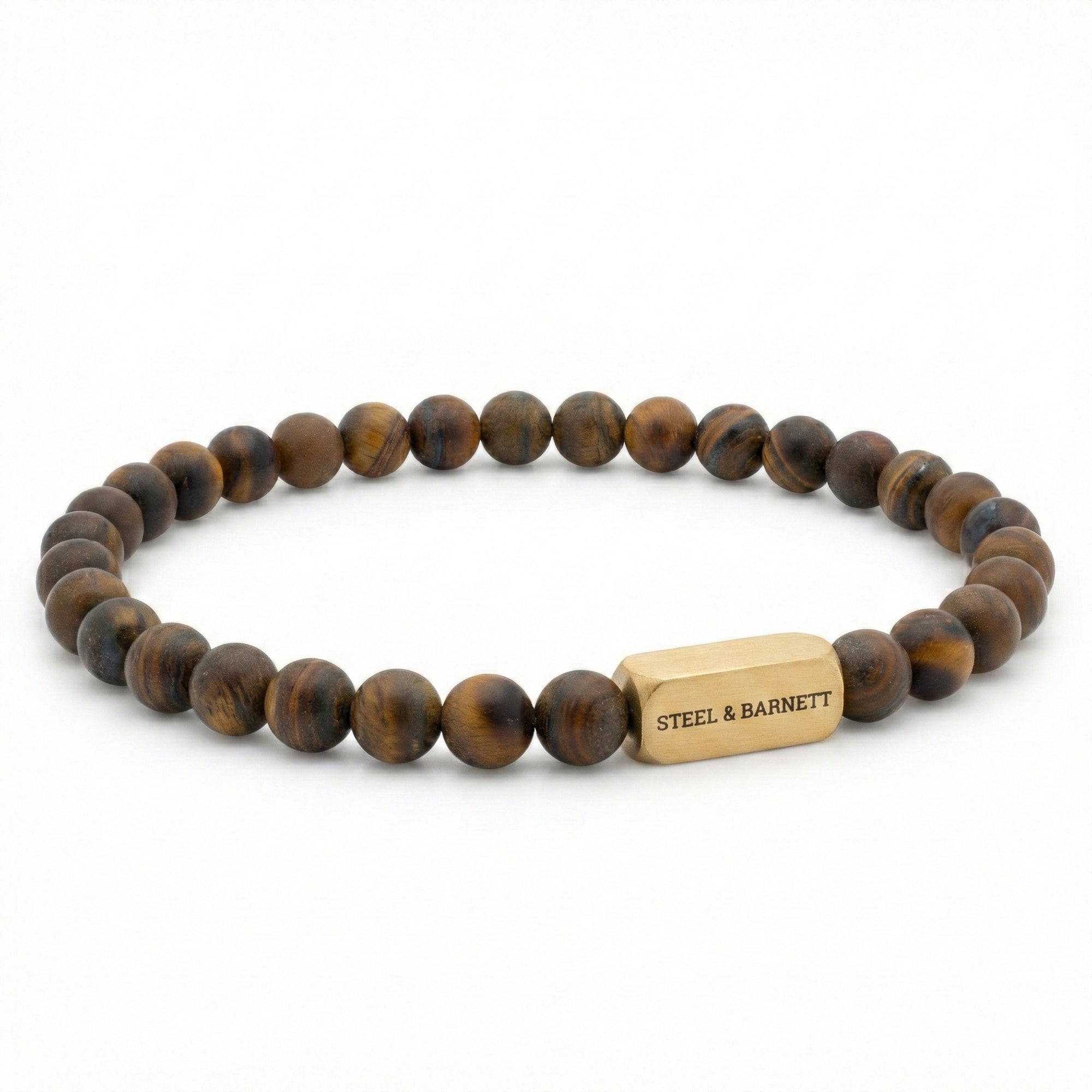 Tiger eye men’s bracelet with matte brown and gold beads and plated 18K gold clasp on white background