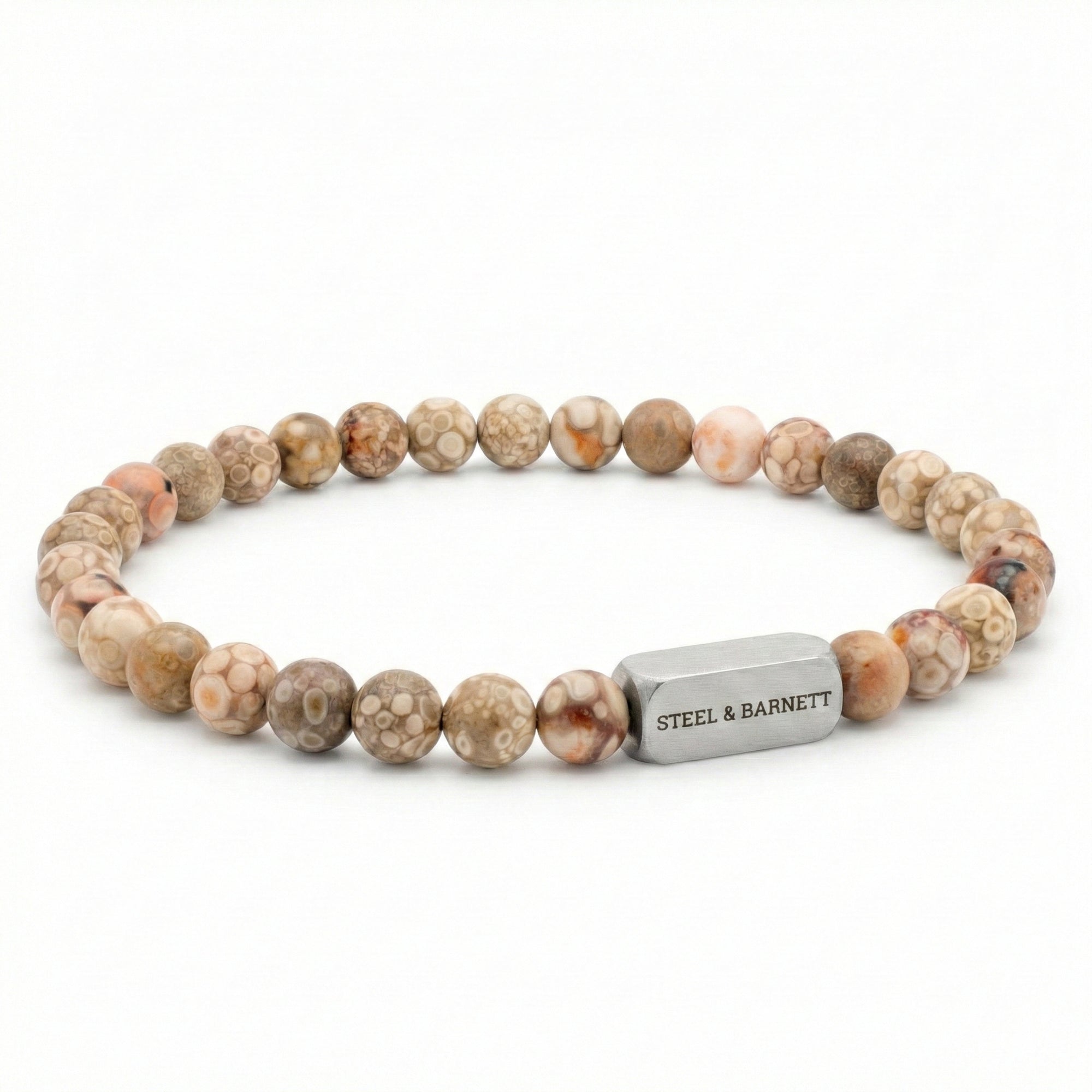 Maifanite men’s bracelet with beige and brown natural stone beads and brushed stainless steel bar on white background