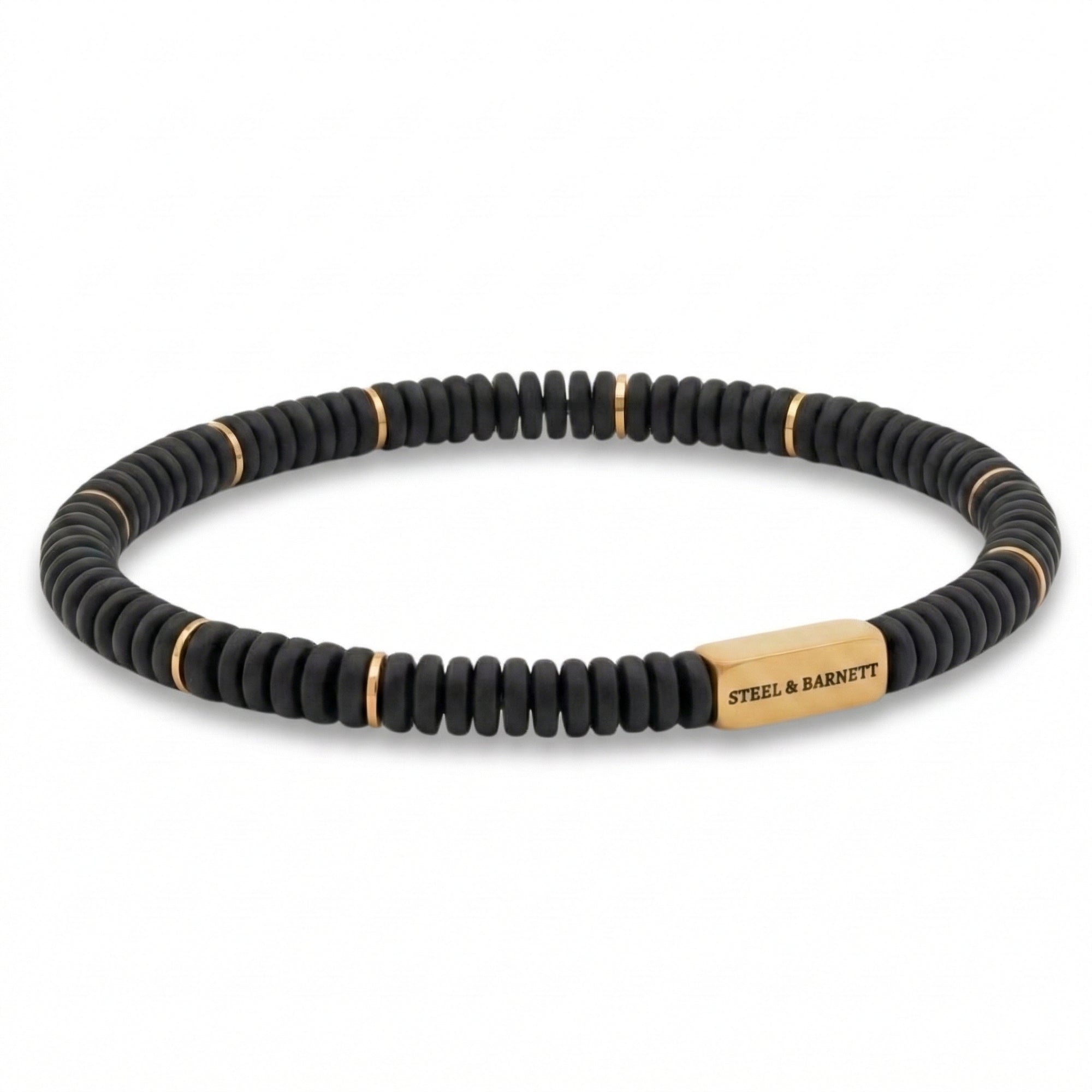 Black beaded men's bracelet with matte disc beads and rectangular plated 18K gold accent plate on a white background