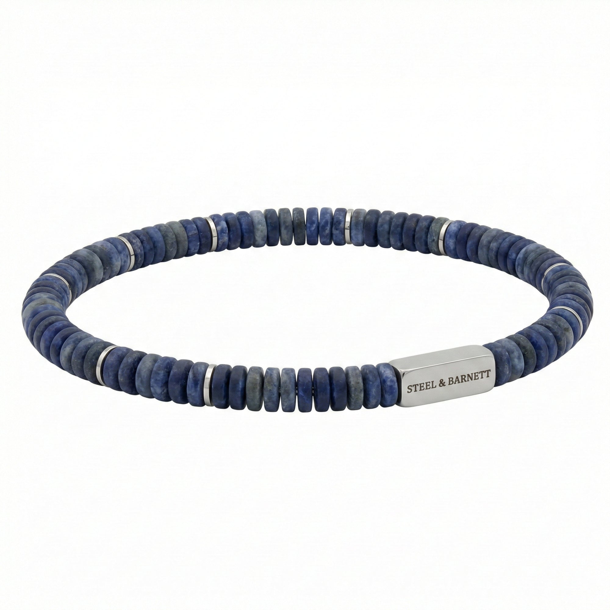 Blue natural stone men's beaded bracelet with matte disc beads and brushed stainless steel accent plate on a white background