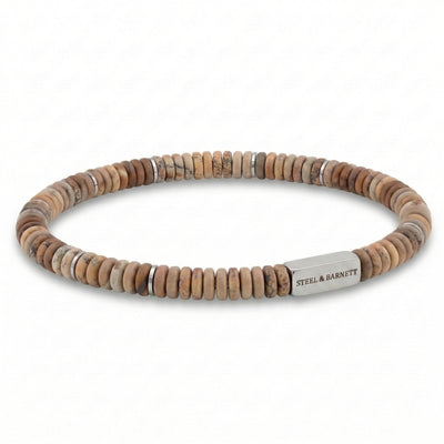 Picture Jasper natural stone men's beaded bracelet with matte disc beads and brushed stainless steel accent plate on a white background