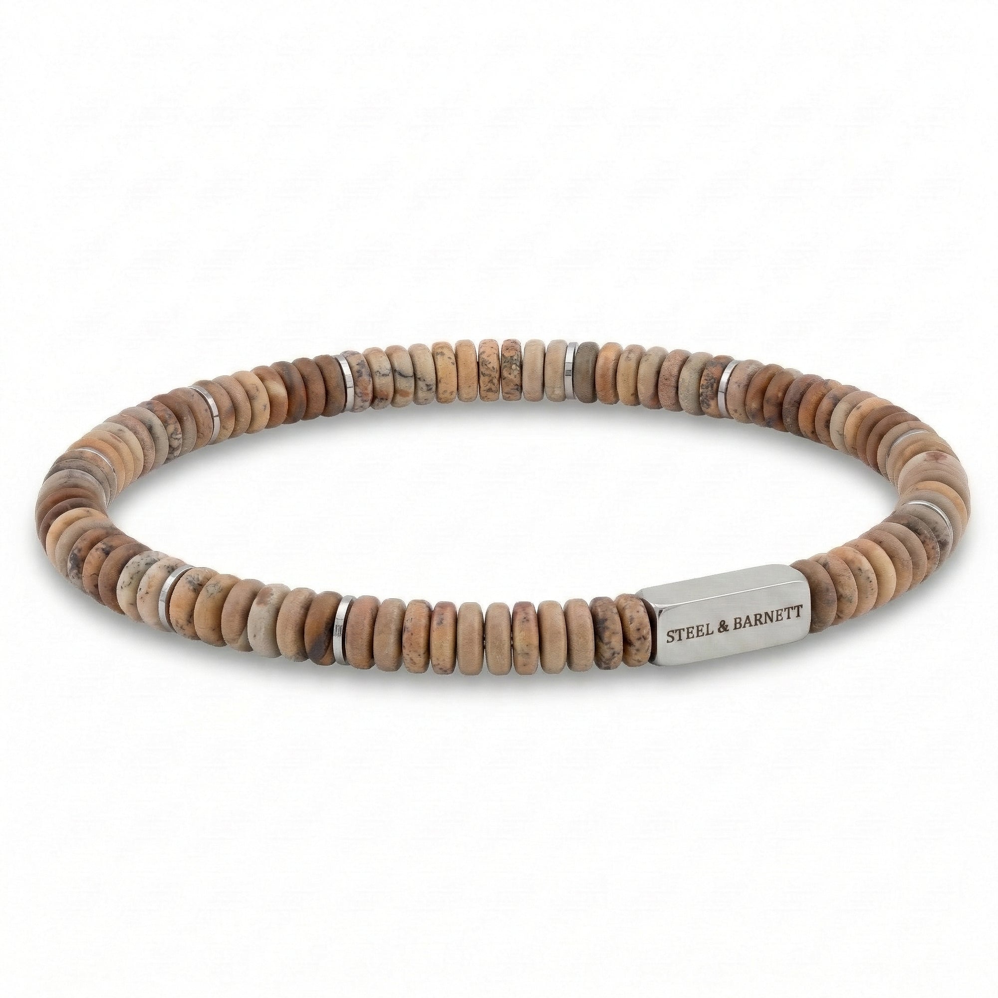 Picture Jasper natural stone men's beaded bracelet with matte disc beads and brushed stainless steel accent plate on a white background