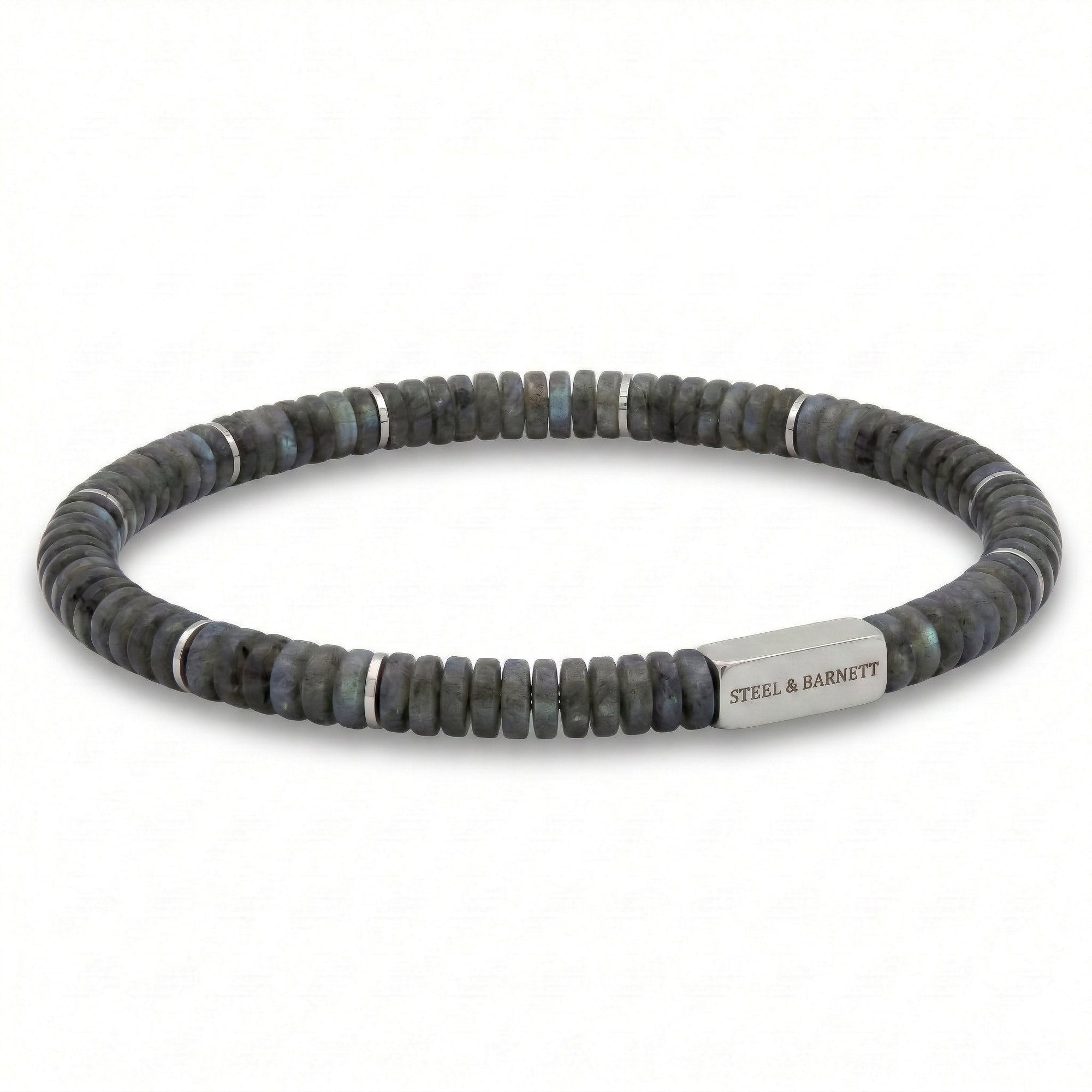 Grey natural stone men's beaded bracelet with matte disc beads and brushed stainless steel accent plate on a white background
