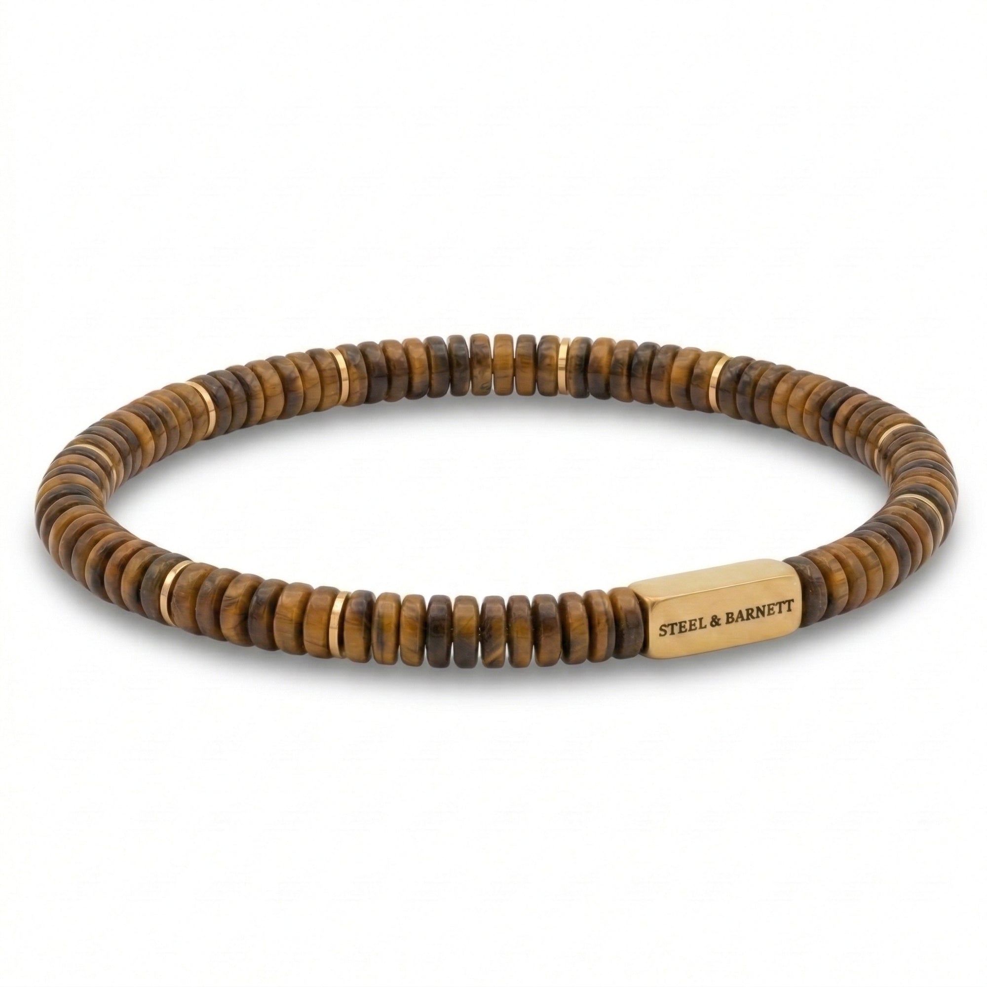 Two Tone Tiger Eye Gemstone Stretch Disc Bracelet with Plated 18K Gold