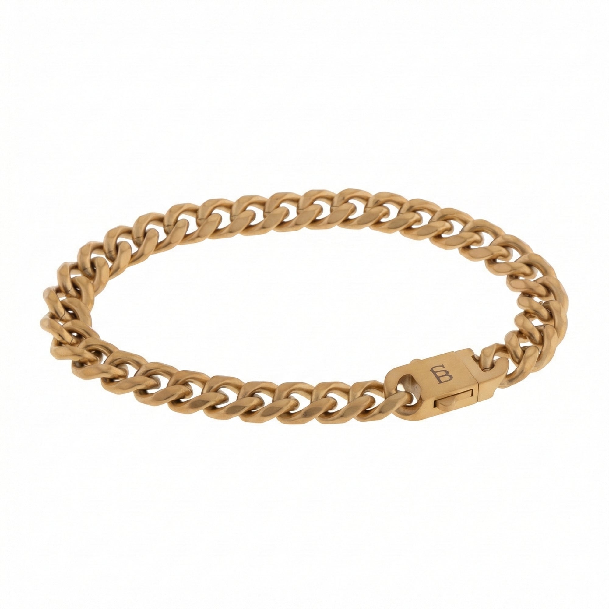 Gold stainless steel men's curb chain bracelet with solid link design and plated 18K gold clasp on a white background
