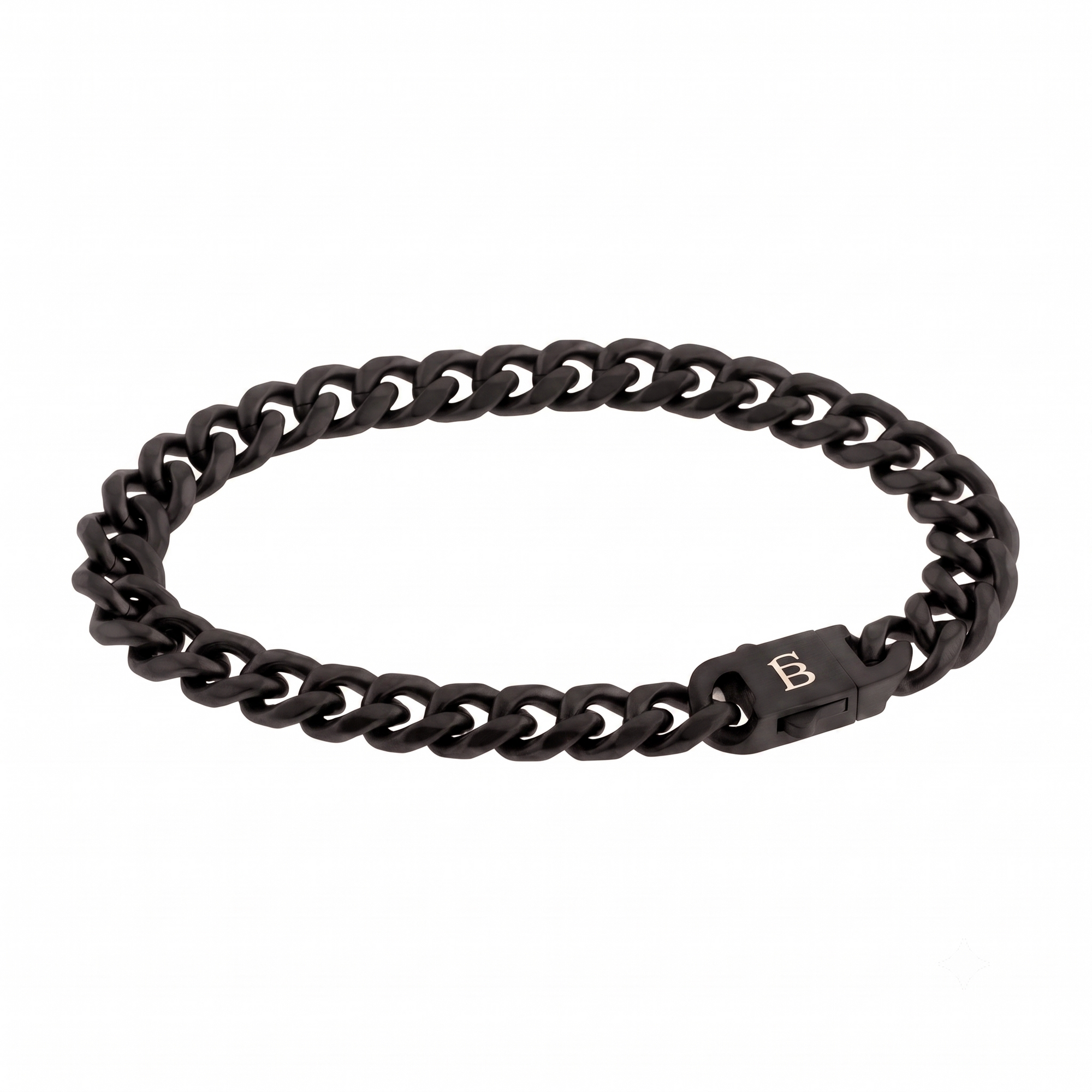 Black stainless steel men's bracelet with a matte curb chain design and engraved clasp isolated on a white background