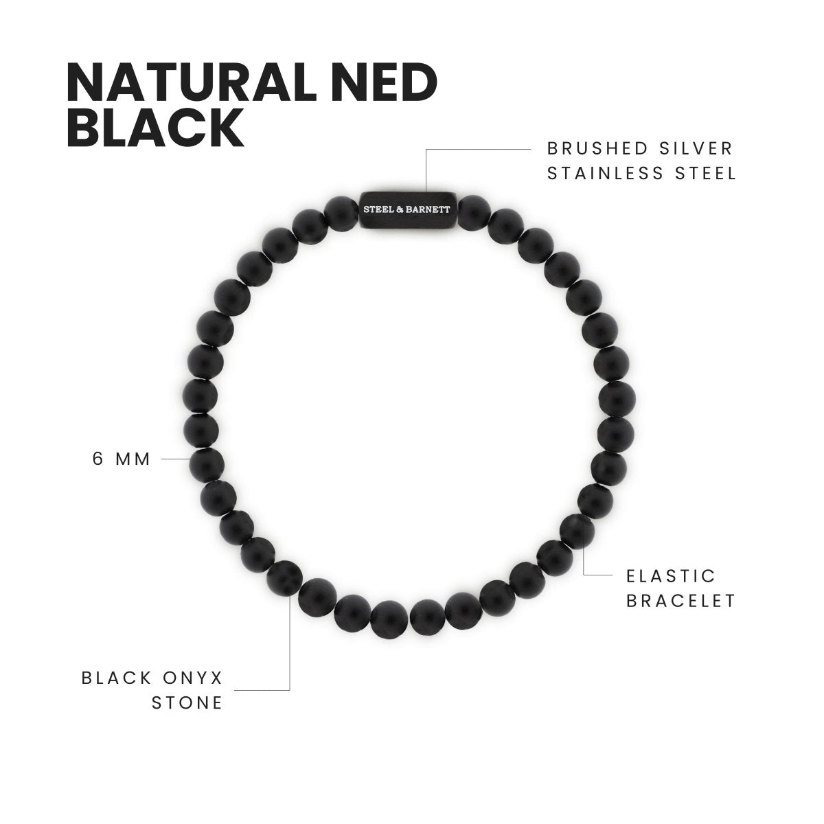 Black Edition 6mm Round Gemstone Bracelet Natural Ned - STEEL & BARNETT