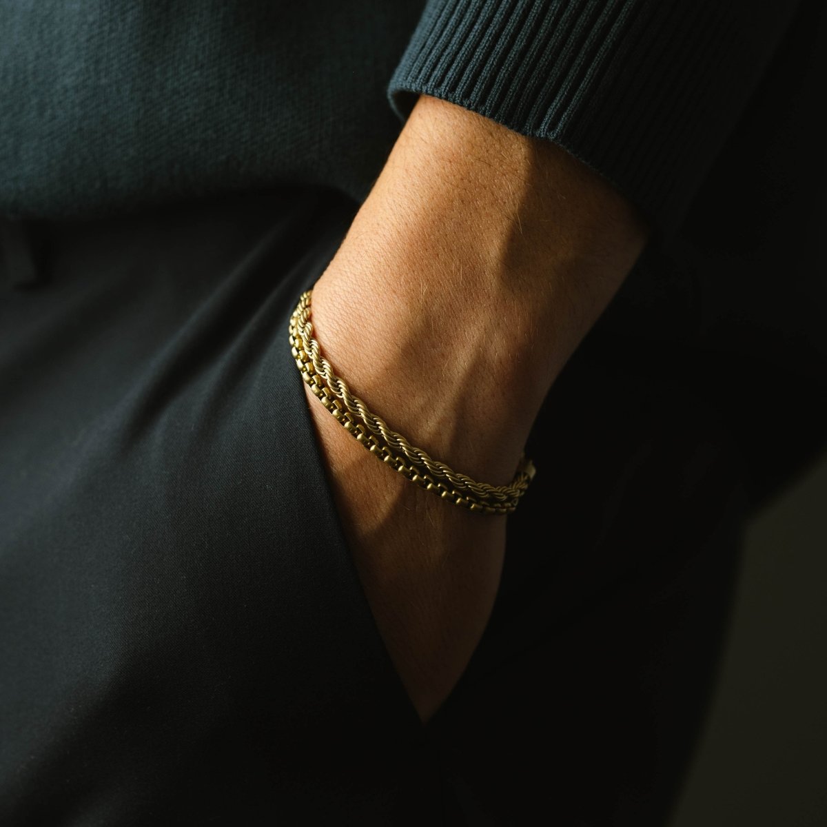mens square link box chain bracelet in 18k plated gold
