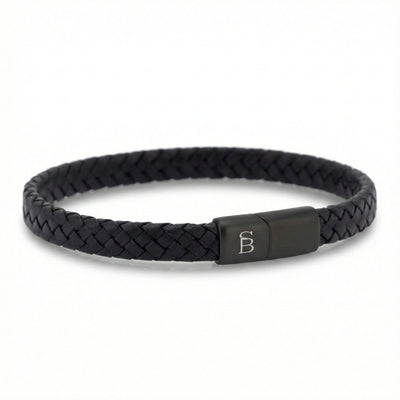Braided Black Leather Bracelet with Black Stainless Steel Clasp For Men