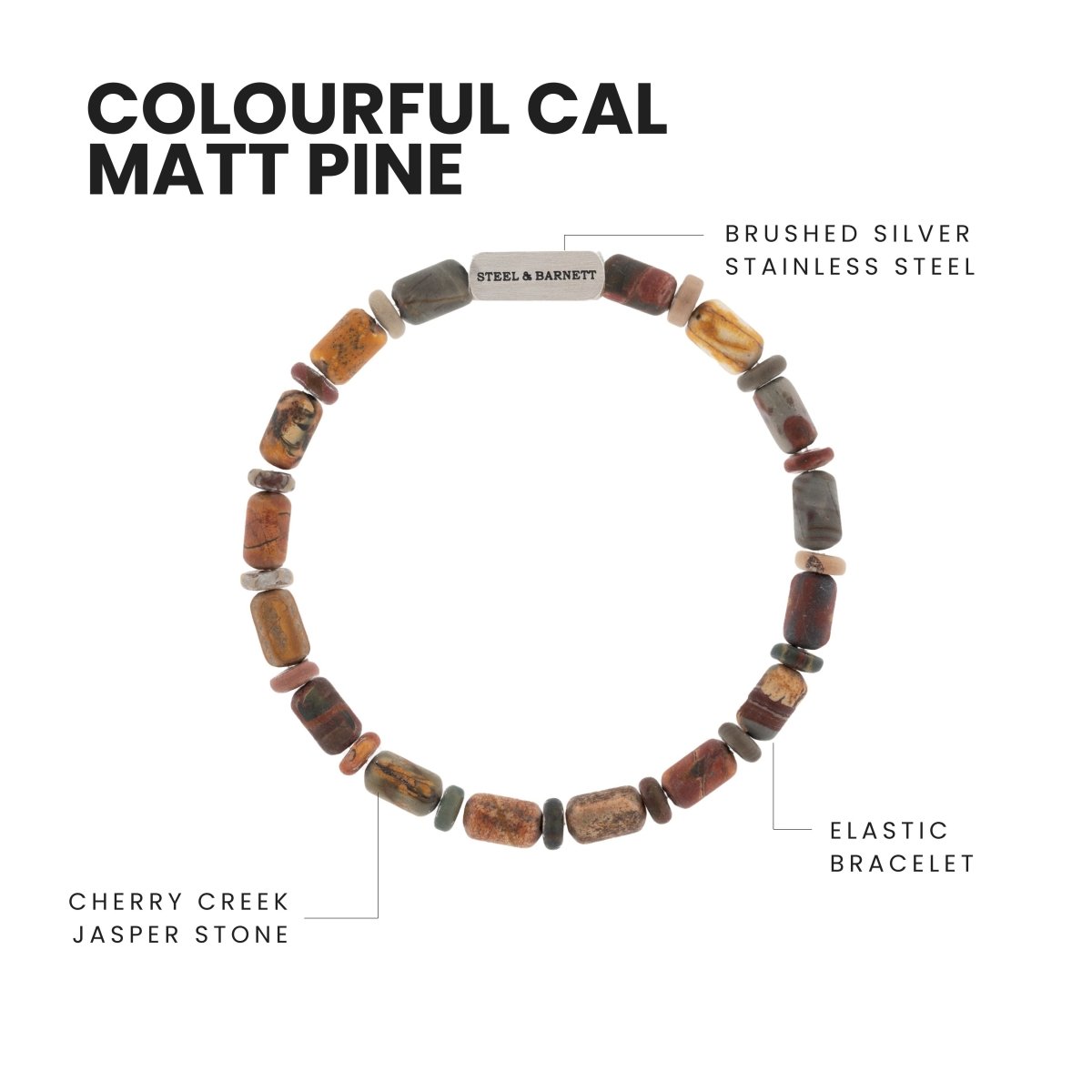 Colourful Cal Barrel Gemstone Bracelet Matt Pine - STEEL & BARNETT
