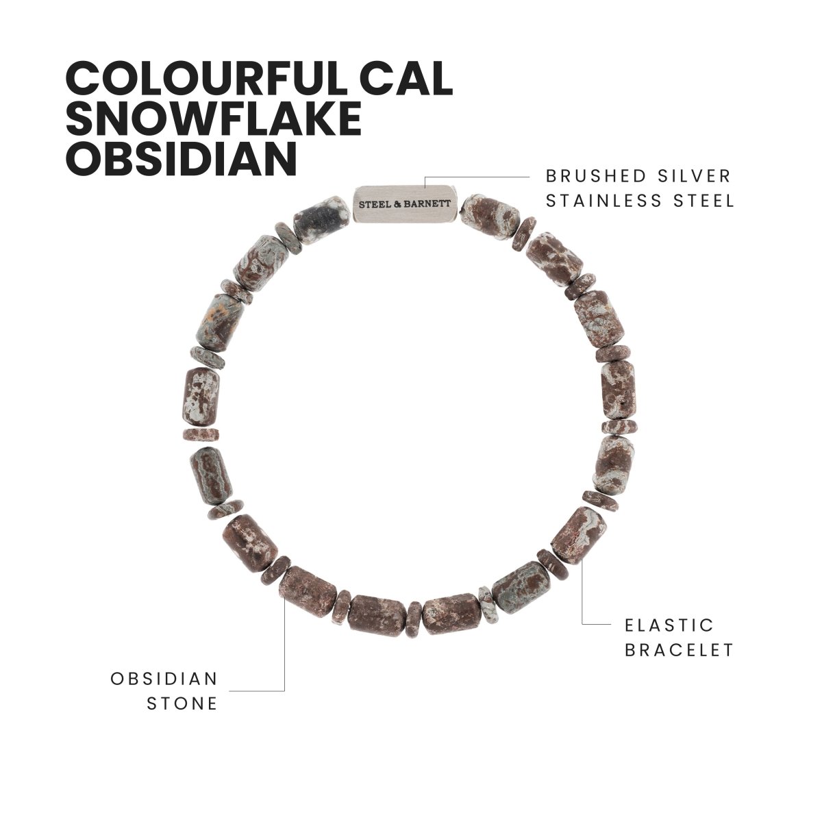 earthy snowflake obsidian gemstone barrel bead stacking bracelet