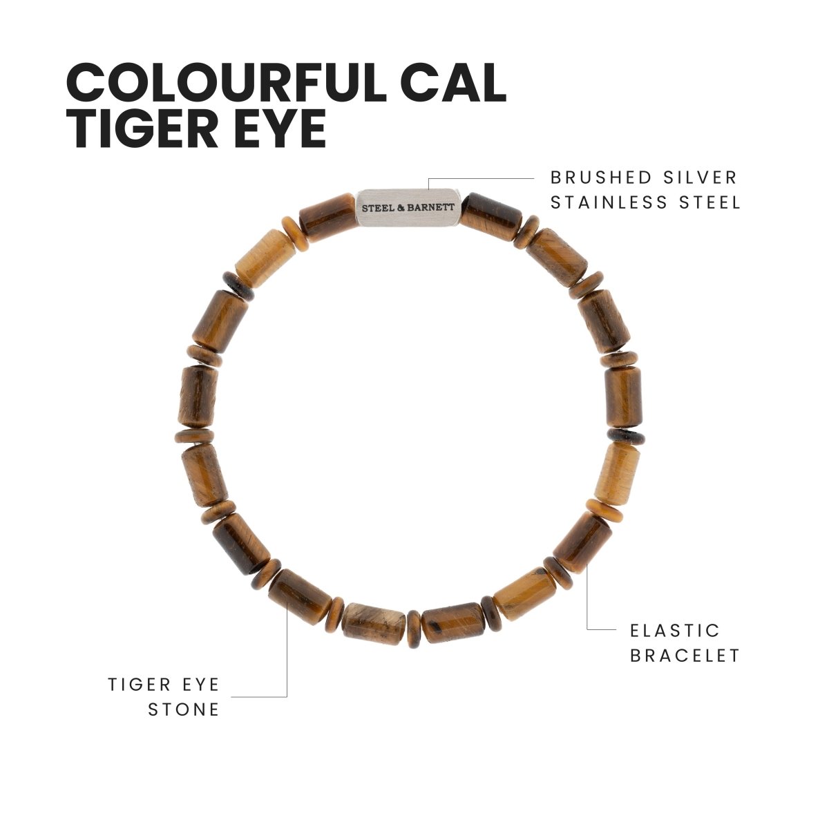Colourful Cal Barrel Gemstone Bracelet Tiger Eye - STEEL & BARNETT