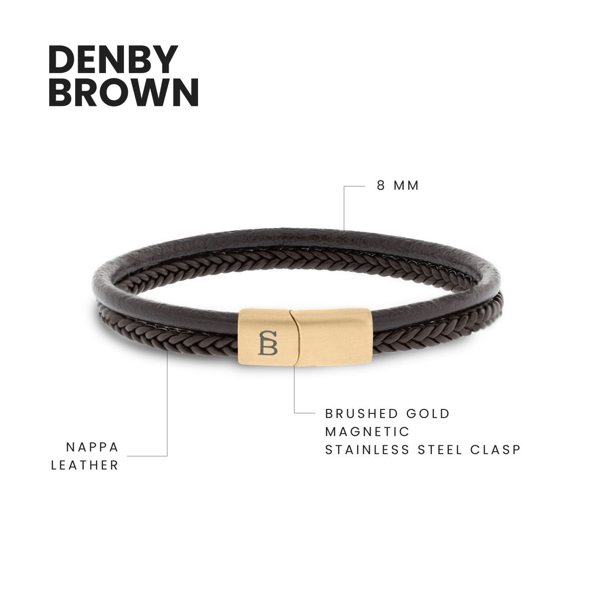 Denby Leather Bracelet Brown/18K Gold - STEEL & BARNETT