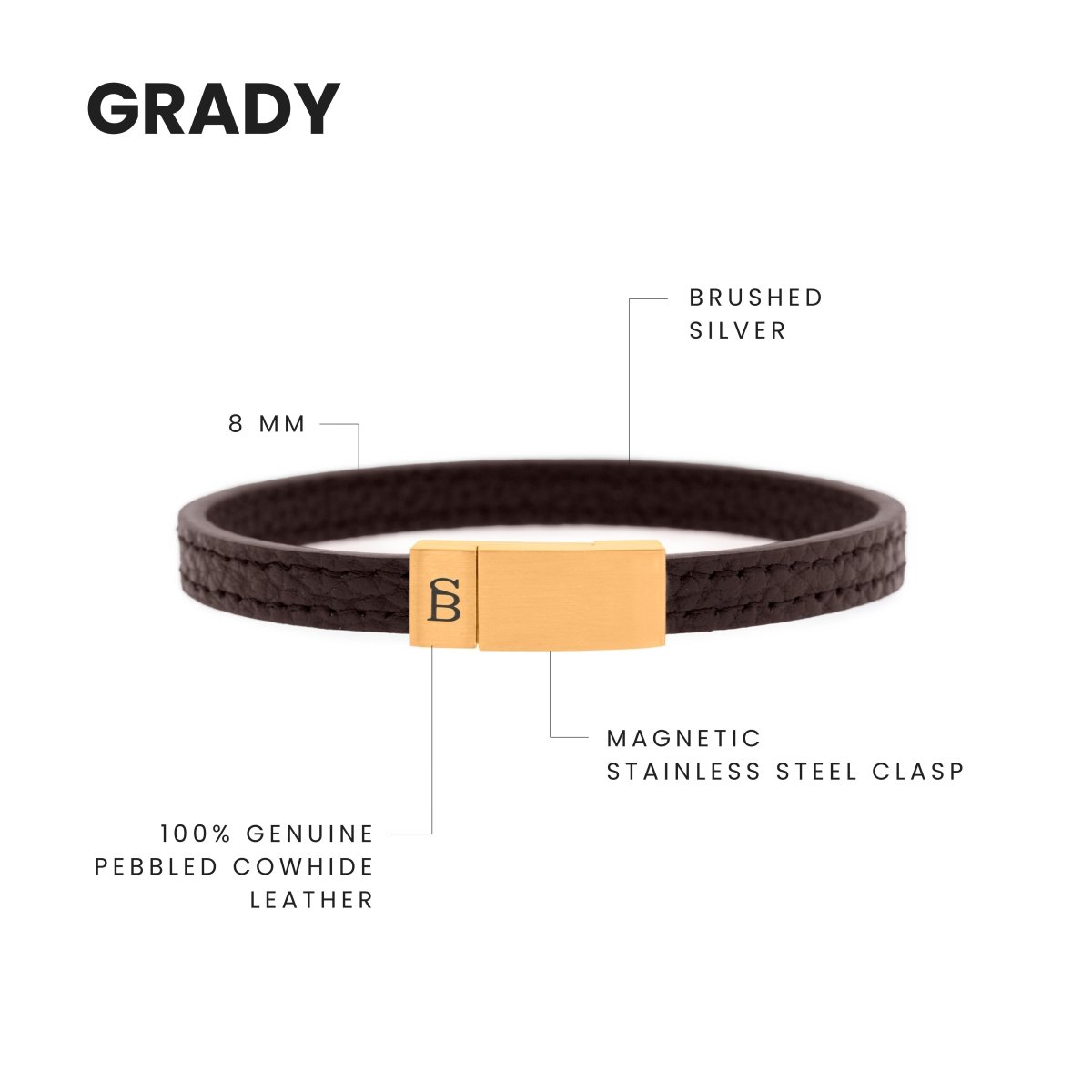 Grady Leather Bracelet Brown/18K Gold - STEEL & BARNETT
