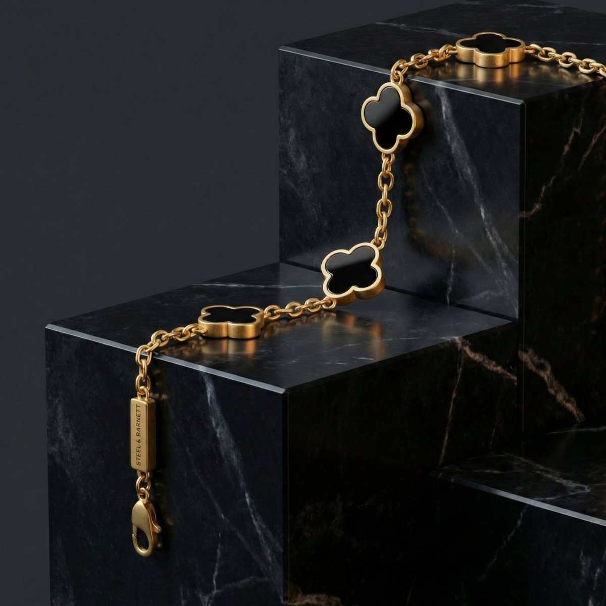 Lucky Clover Black Onyx Charm Bracelet In 18K Plated Gold - STEEL & BARNETT