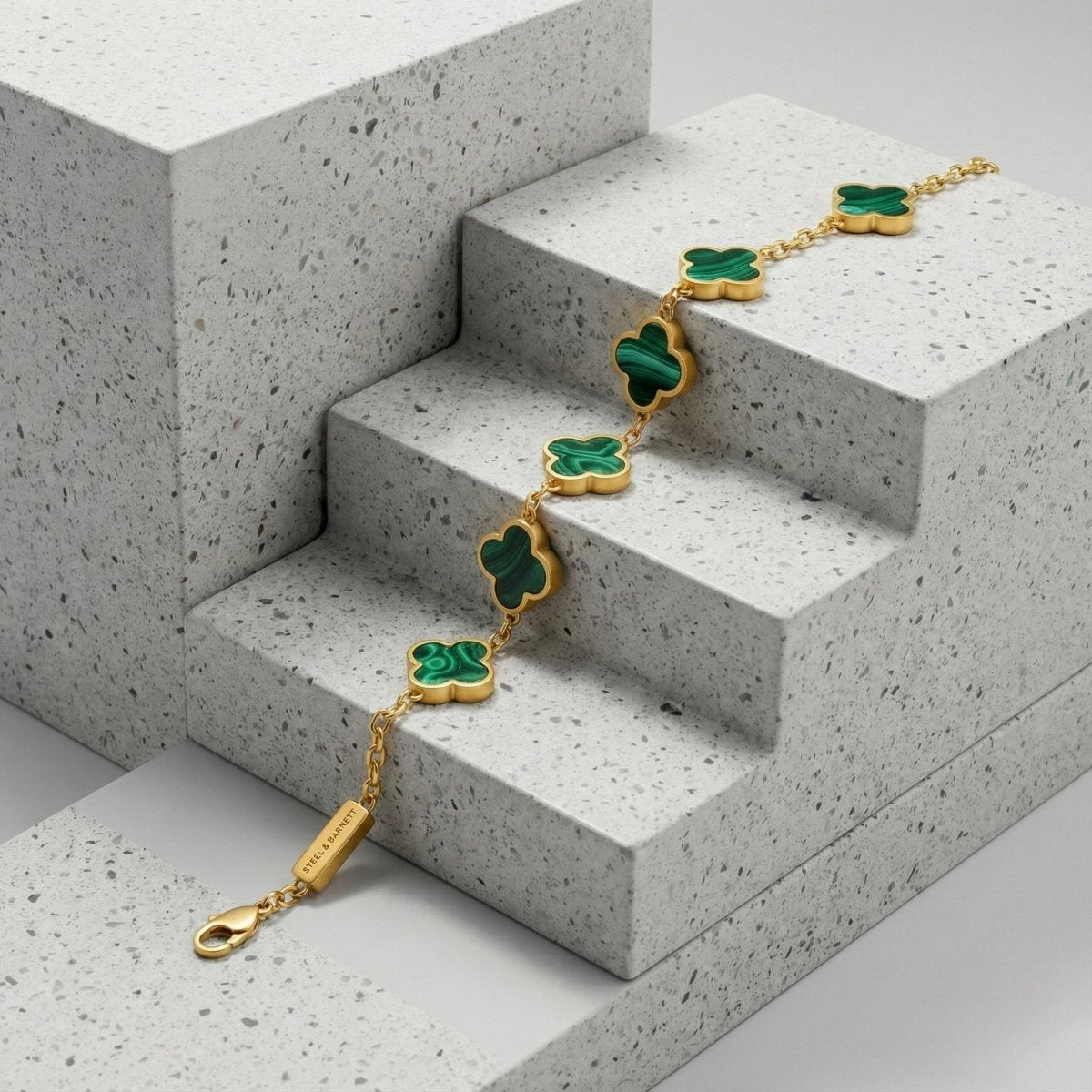 Lucky Clover Malachite Stone Charm Bracelet In Plated 18K Gold - STEEL & BARNETT