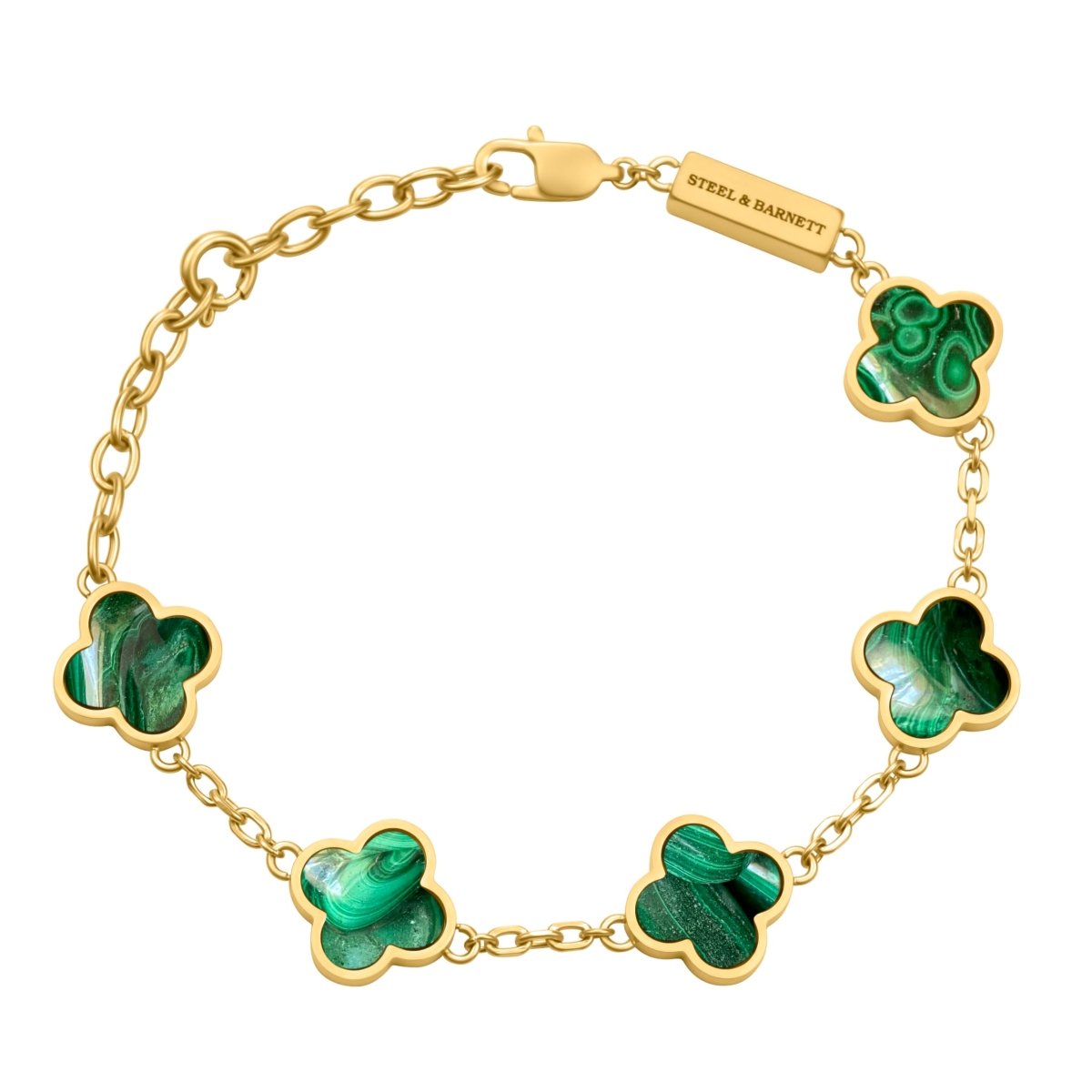 Lucky Clover Malachite Stone Charm Bracelet In Plated 18K Gold - STEEL & BARNETT