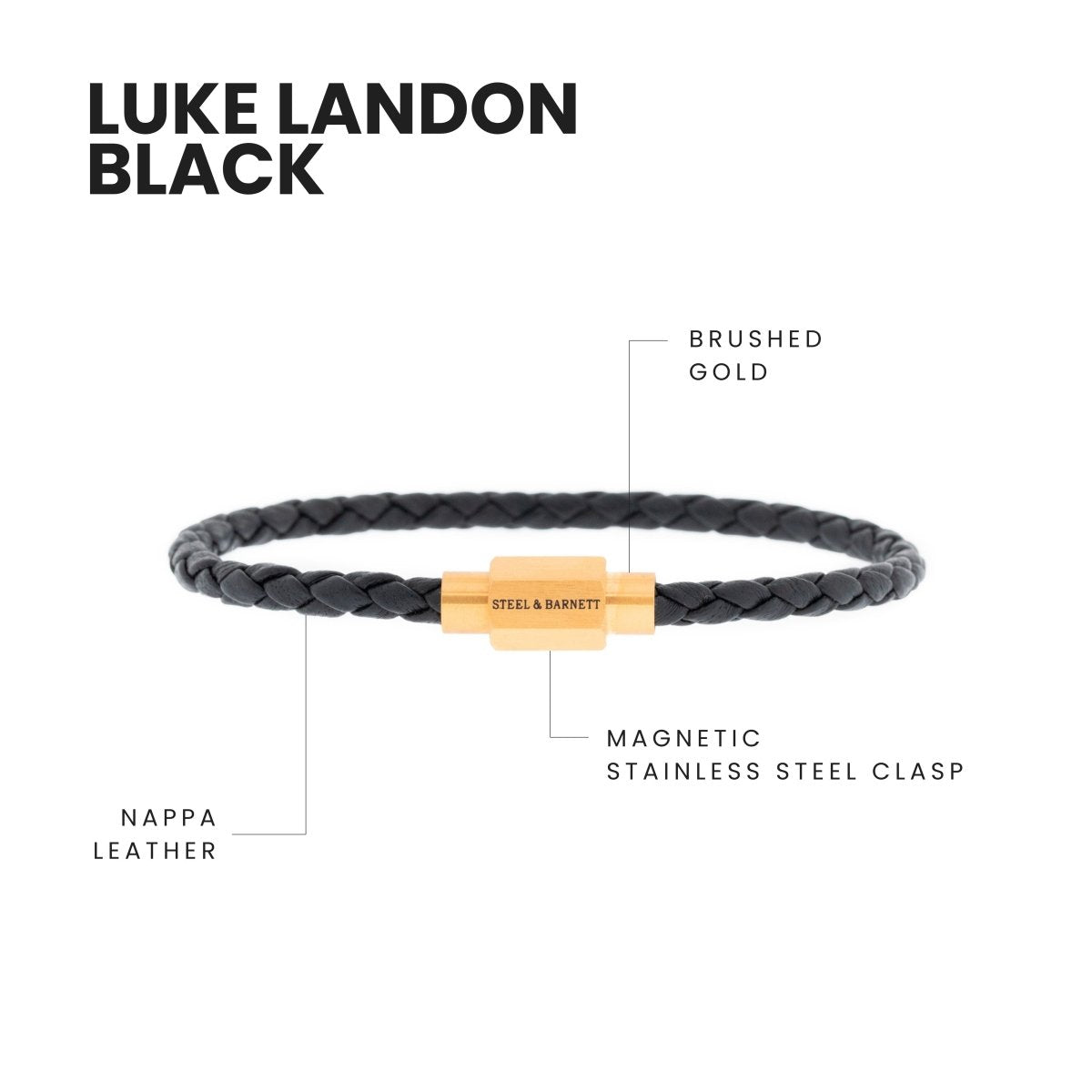 Luke Landon Nappa Leather Bracelet Black/18K Gold - STEEL & BARNETT