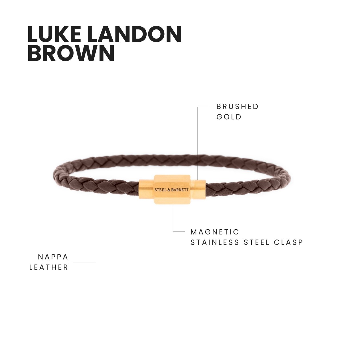 Luke Landon Nappa Leather Bracelet Brown/18K Gold - STEEL & BARNETT