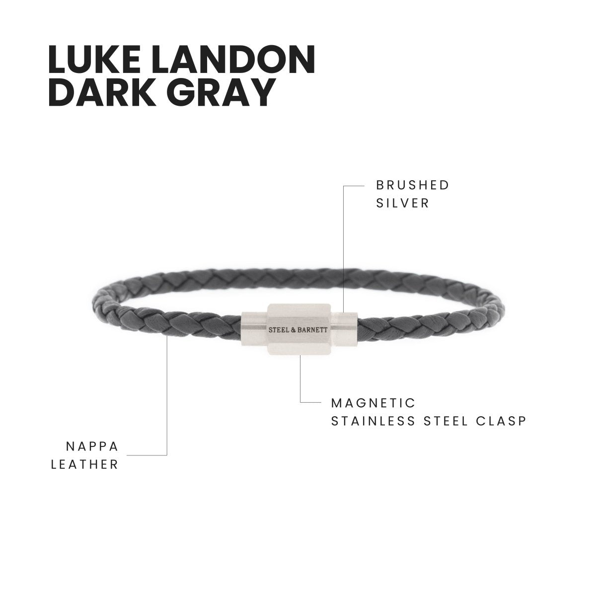 Luke Landon Nappa Leather Bracelet Dark Gray - STEEL & BARNETT