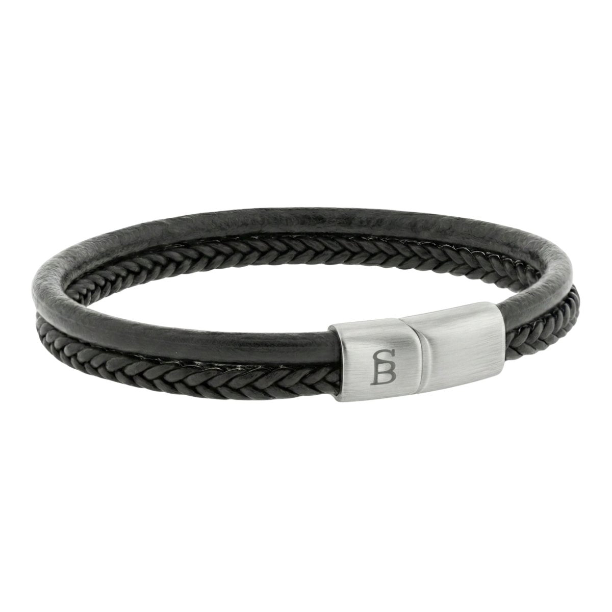 Black cowhide leather bracelet with braided center band and brushed stainless steel magnetic clasp shown on white background