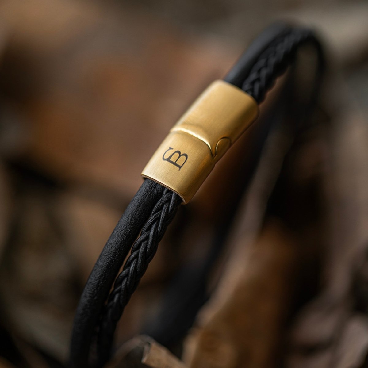 Men’s Dual - Band Black Leather Bracelet with Plated 18K Gold Clasp - STEEL & BARNETT