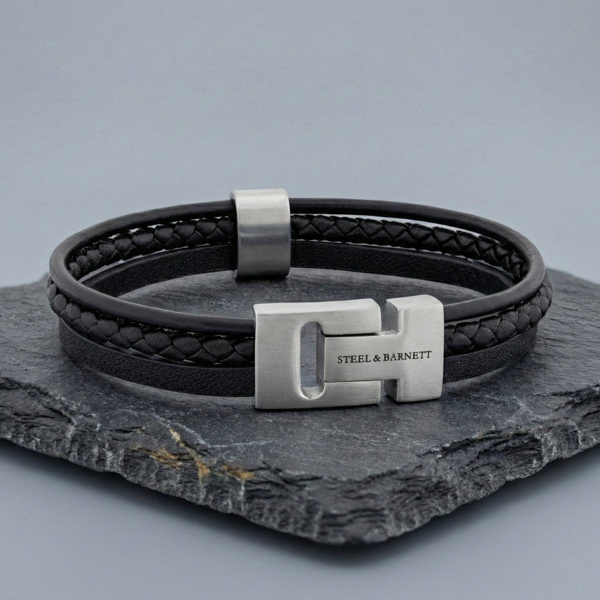 Multi Strand Black Leather Men's Bracelet - STEEL & BARNETT
