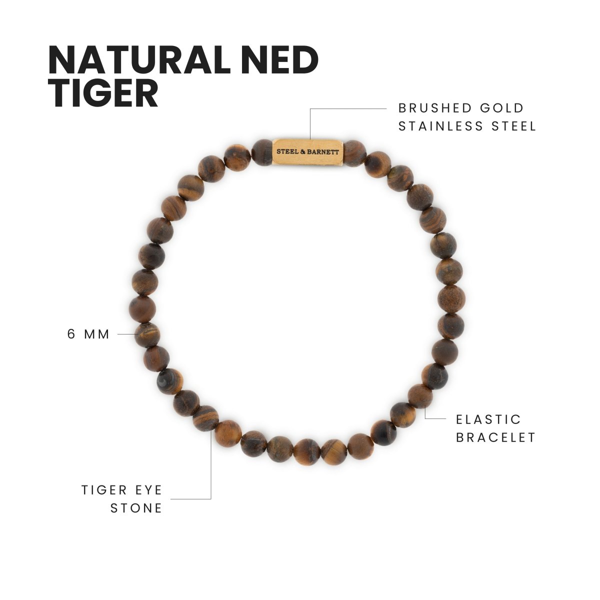 Natural Ned 6mm Round Gemstone Bracelet Matt Tiger Eye/18K Gold - STEEL & BARNETT