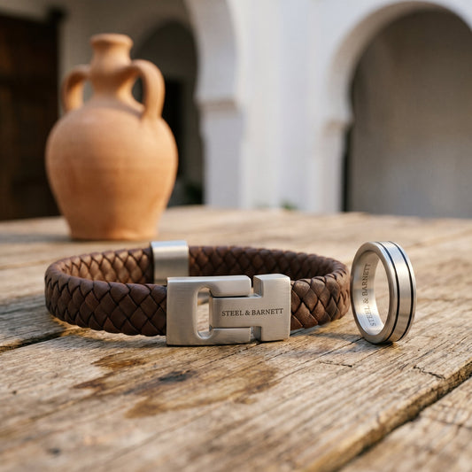 Brown braided leather men's bracelet with brushed stainless steel clasp detail on a wooden surface beside a silver ring