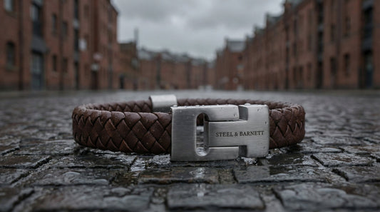 Brown braided leather men's bracelet with brushed stainless steel clasp on wet cobblestone street close-up