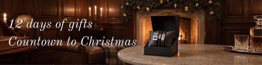 A black gift box on a marble table in a warm, dark wood living room setting, with a watch inside and large white text reading '12 days of gifts Countdown to Christmas'.