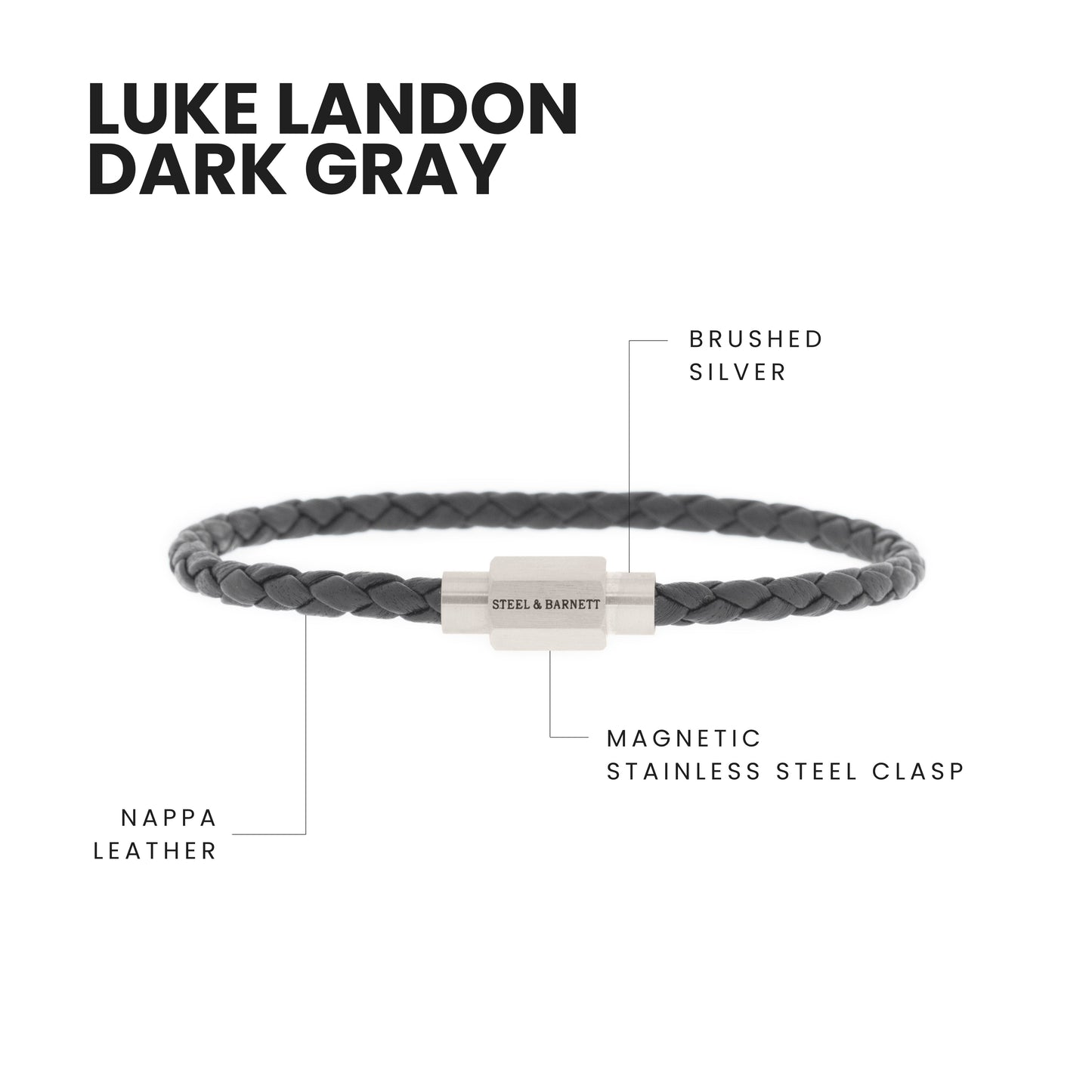 Luke Landon Nappa Leather Bracelet Dark Gray